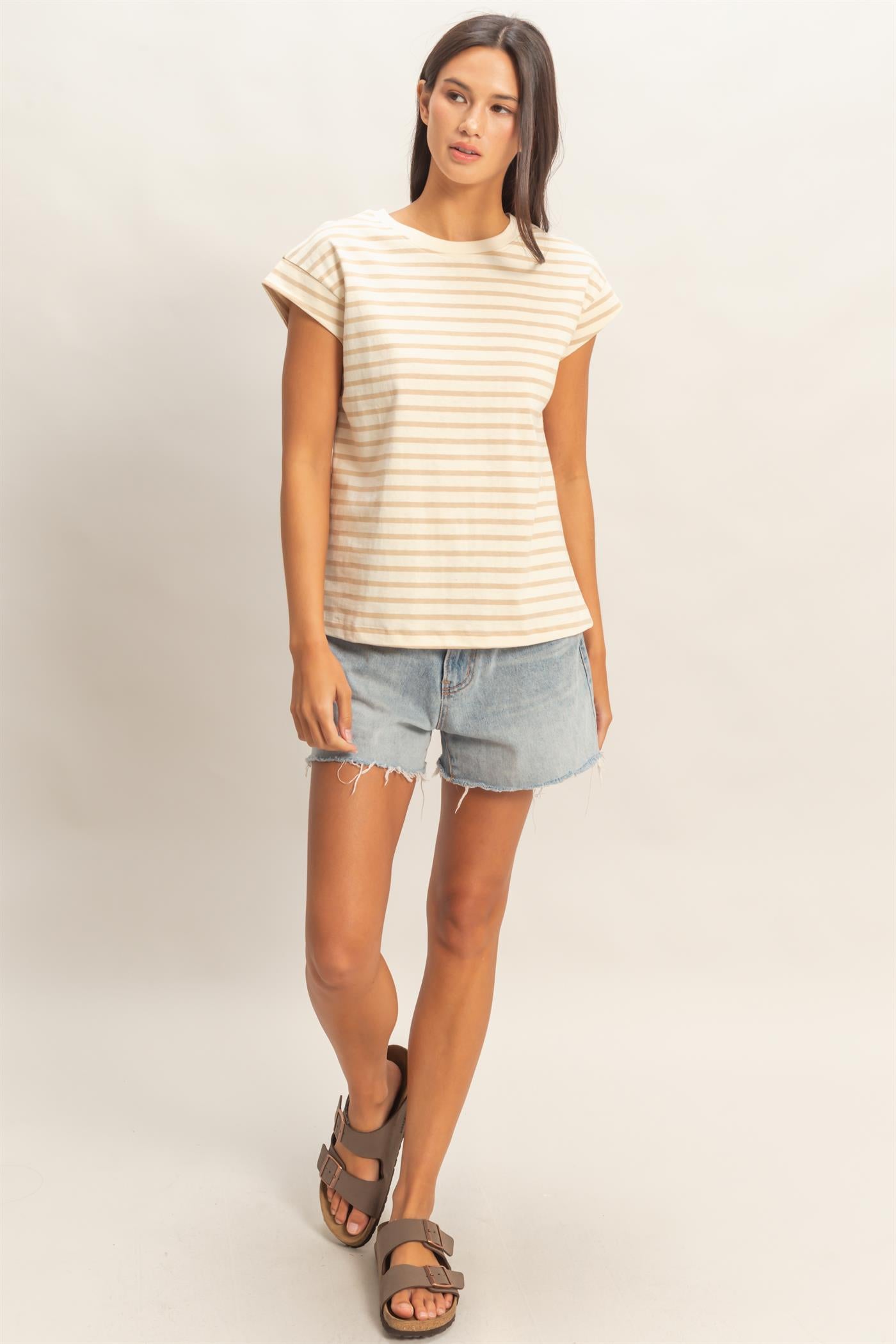 Wholesale Striped Cap Sleeve Relaxed Everyday Tee Clothing Tops DZ26C059 TAUPE DOUBLE ZERO