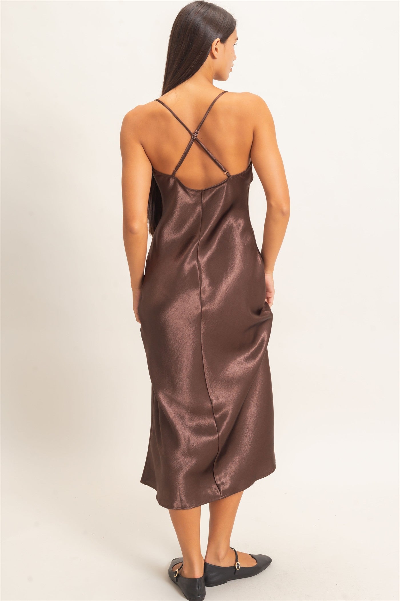Wholesale Cowl Neck Satin Slip Dress Dresses DZ26E251 DARK BROWN DOUBLE ZERO