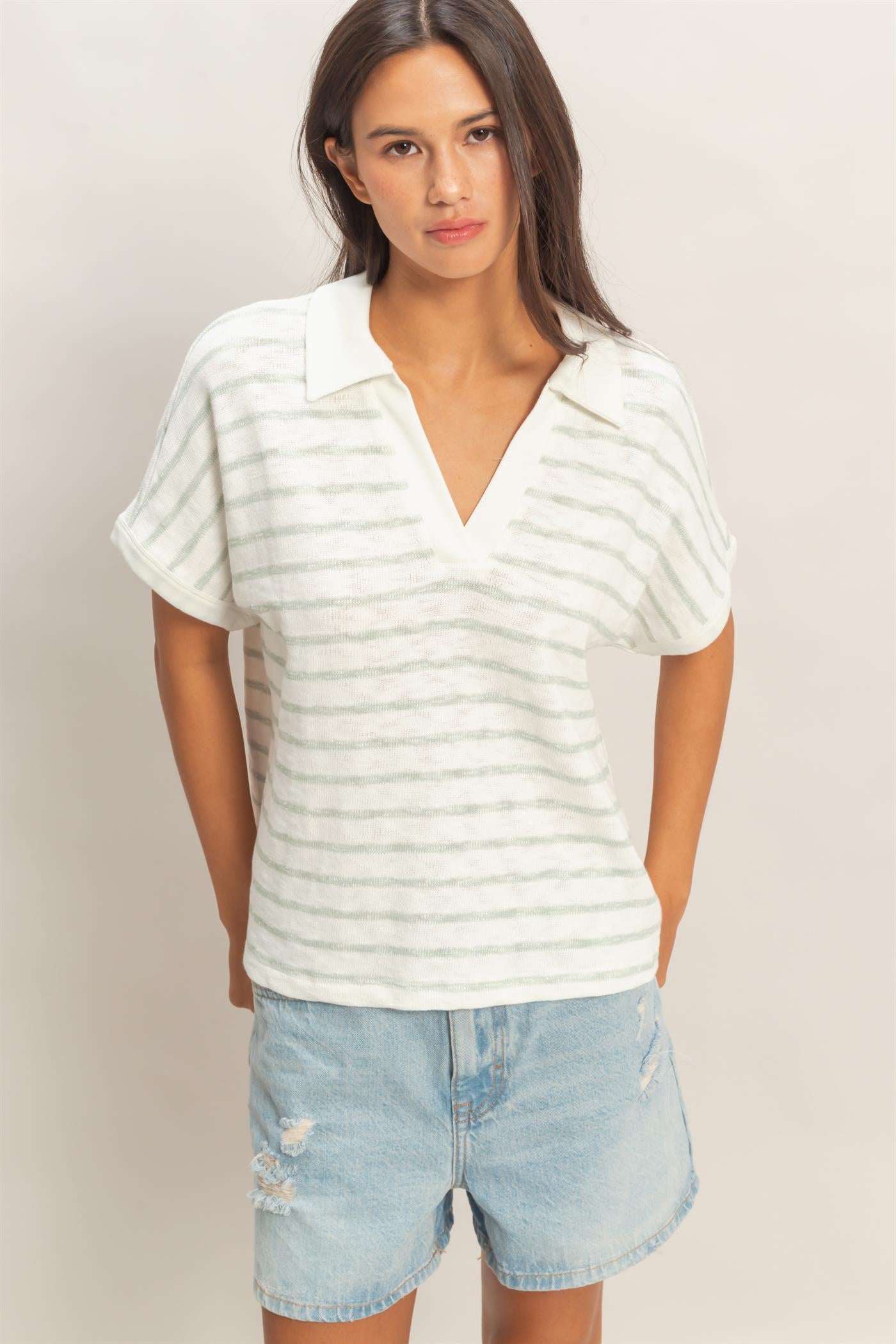 Wholesale Striped Dolman Sleeve V-Neck Collared Top Clothing Tops DZ26A452 SAGE GREEN DOUBLE ZERO