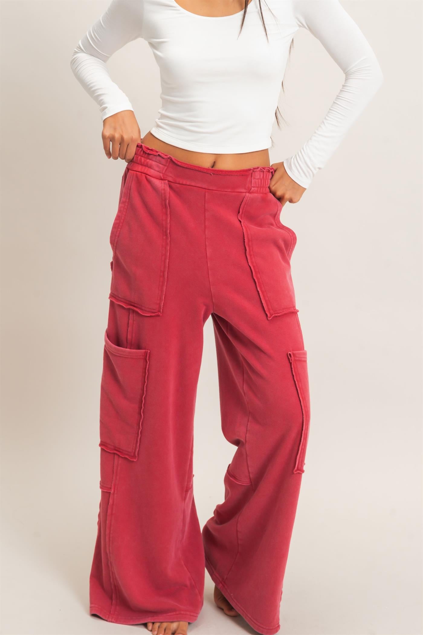 Wholesale Mineral Wash Cargo Pocket Pants Pants DZ26C963 DARK RED DOUBLE ZERO