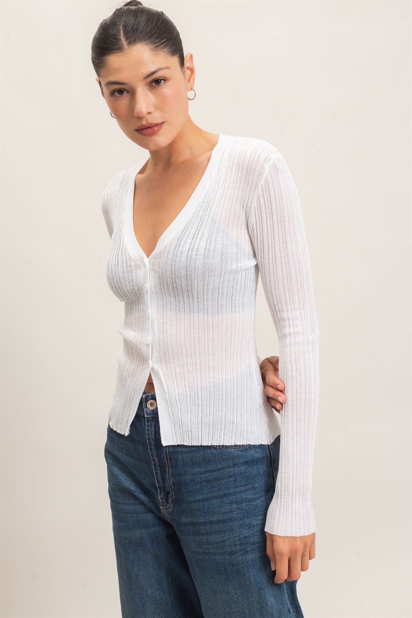 Wholesale Ribbed V-Neck Cardigan Cardigans HF26E154 WARM WHITE HYFVE