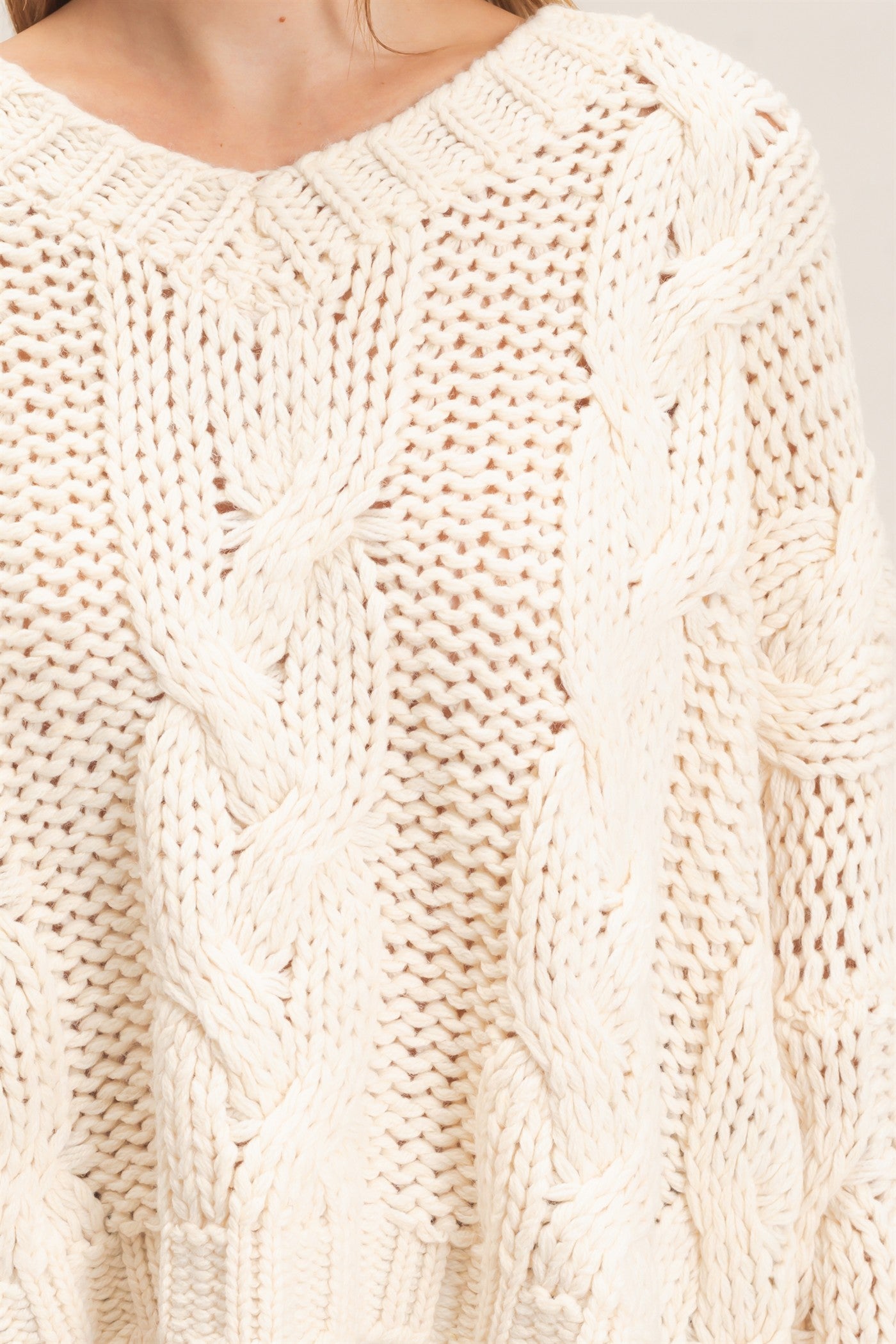 Wholesale Cable Knit V-Neck Sweater Sweaters HF26F175-D CREAM HYFVE