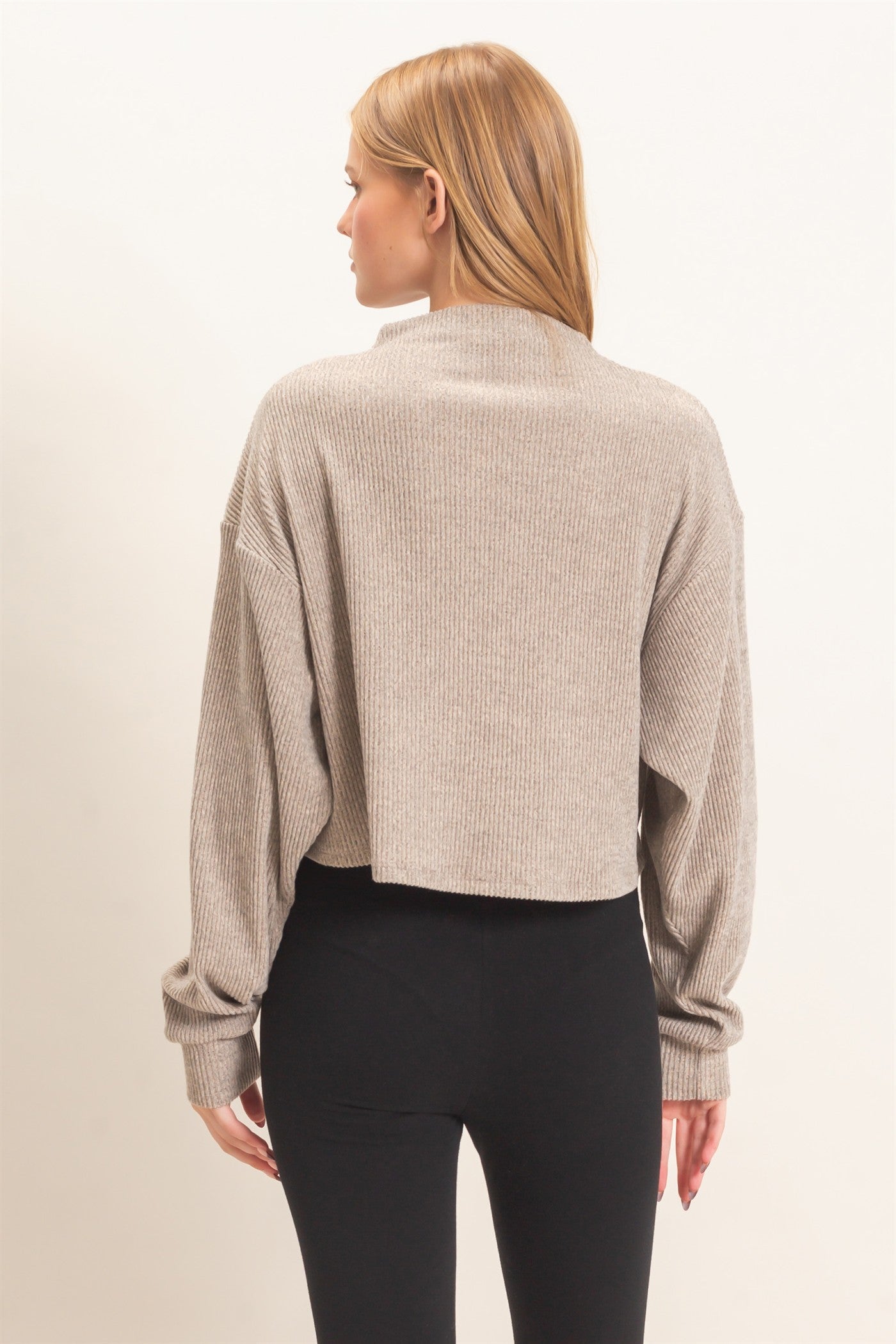 Wholesale Ribbed Mock Neck Top Clothing Tops HF26F030 BEIGE HYFVE