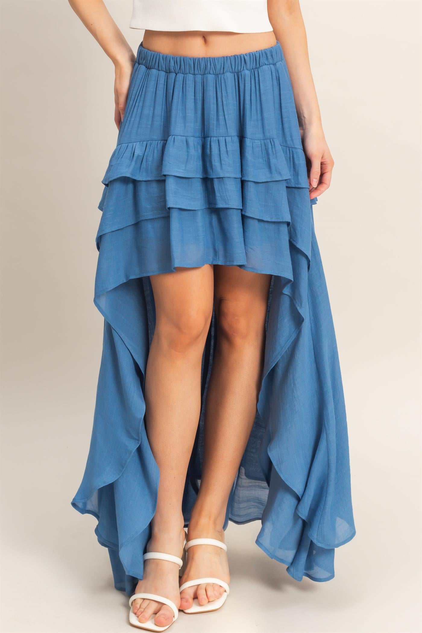 Wholesale Tiered Ruffle High-Low Skirt Skirts HF26C194 DENIM BLUE HYFVE