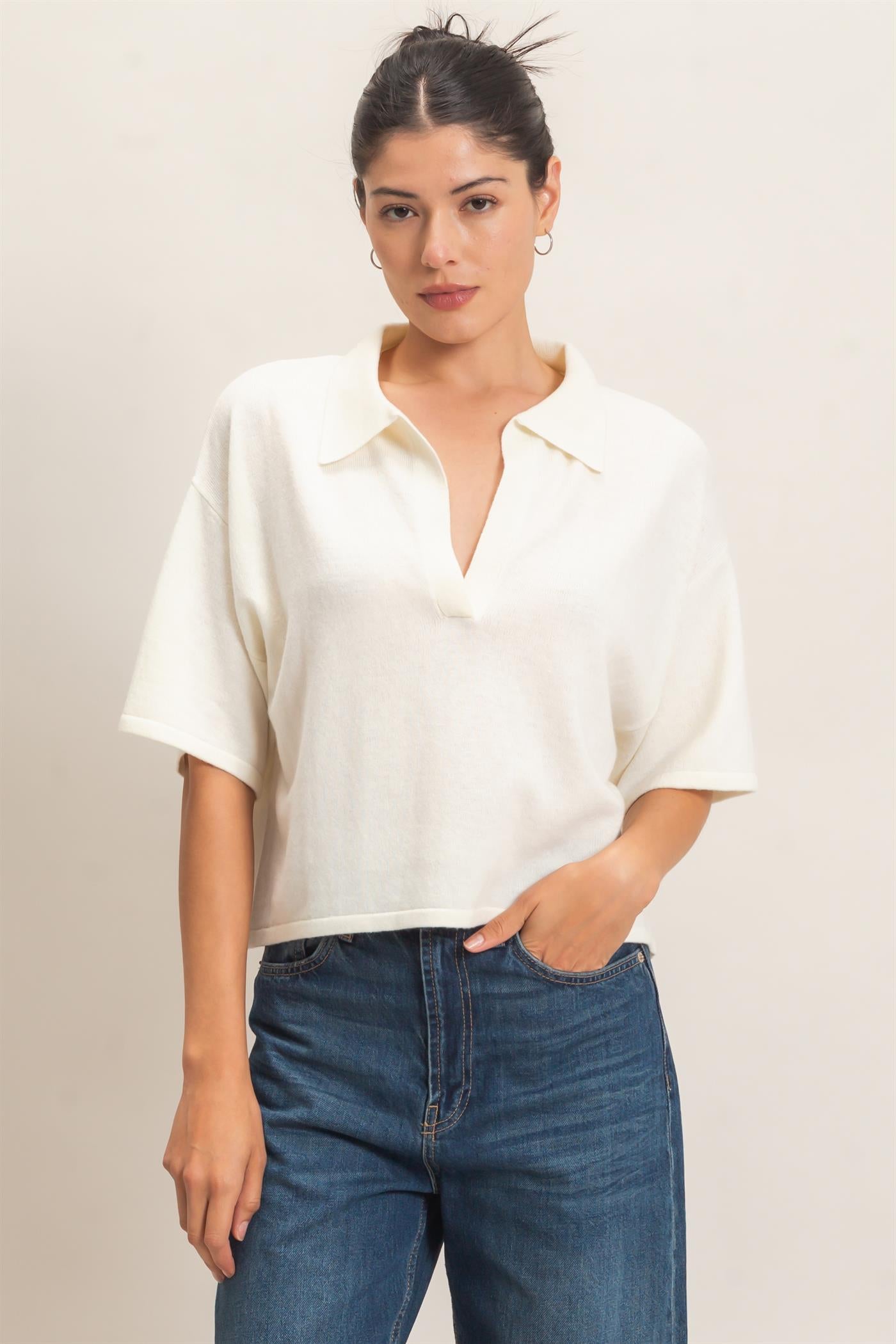 Wholesale Collared V-Neck Sweater Sweaters HF26E038 IVORY HYFVE