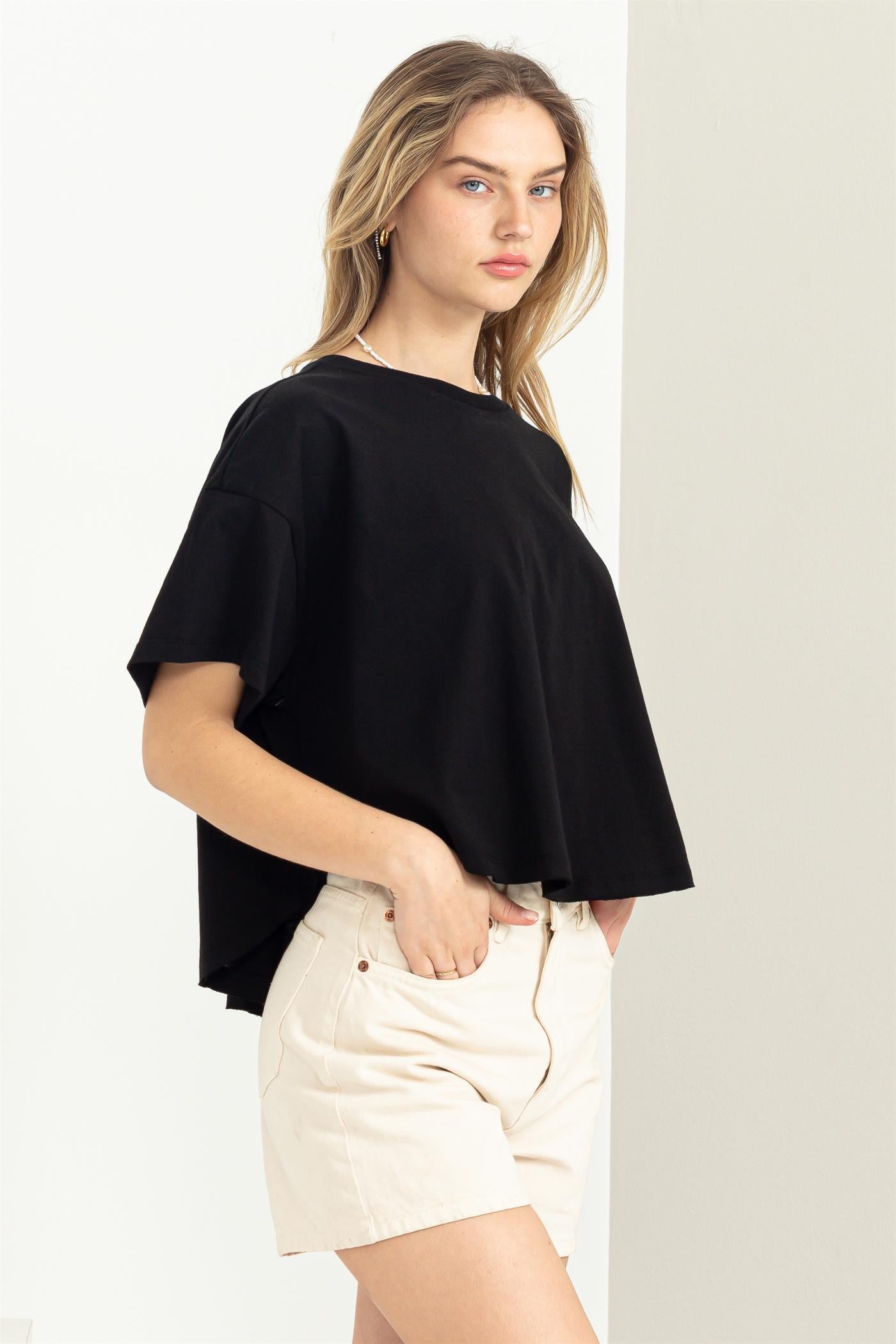 Wholesale Stay Easy Flutter Sleeve High-Low Top Clothing Tops DZ23C410 BLACK DOUBLE ZERO