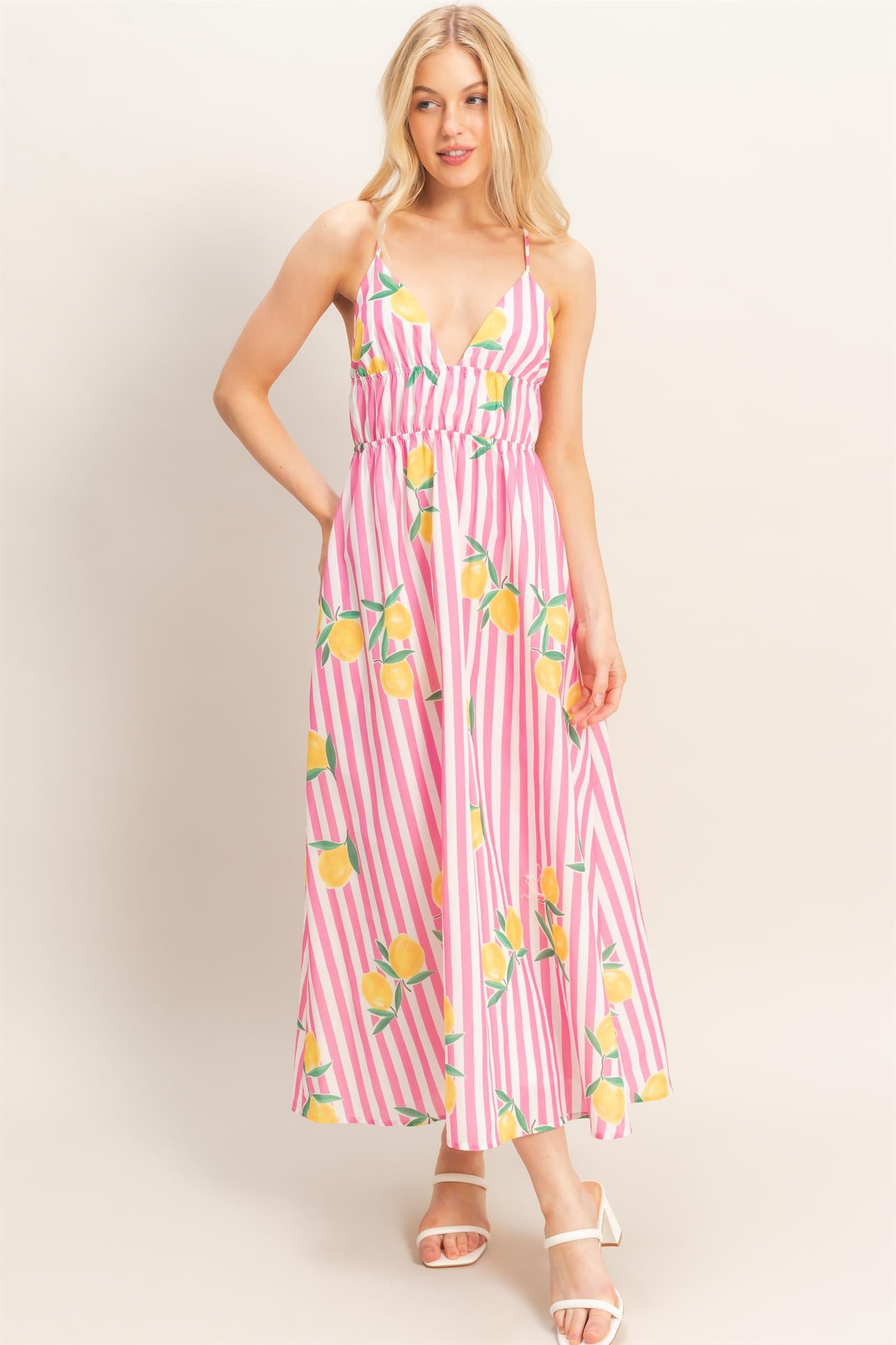 Wholesale Striped Lemon Print Midi Dress Dresses HF26C269 PINK HYFVE