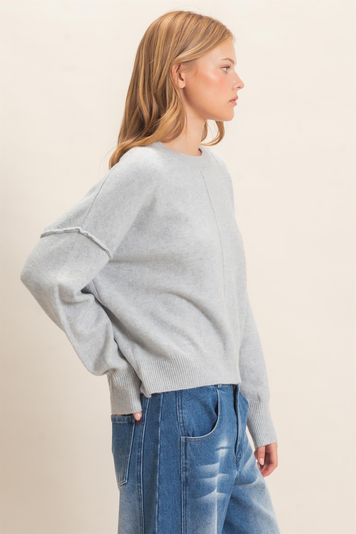 Wholesale Crew Neck Sweater With Ribbed Hem Sweaters HF26E203-D MISTY BLUE HYFVE