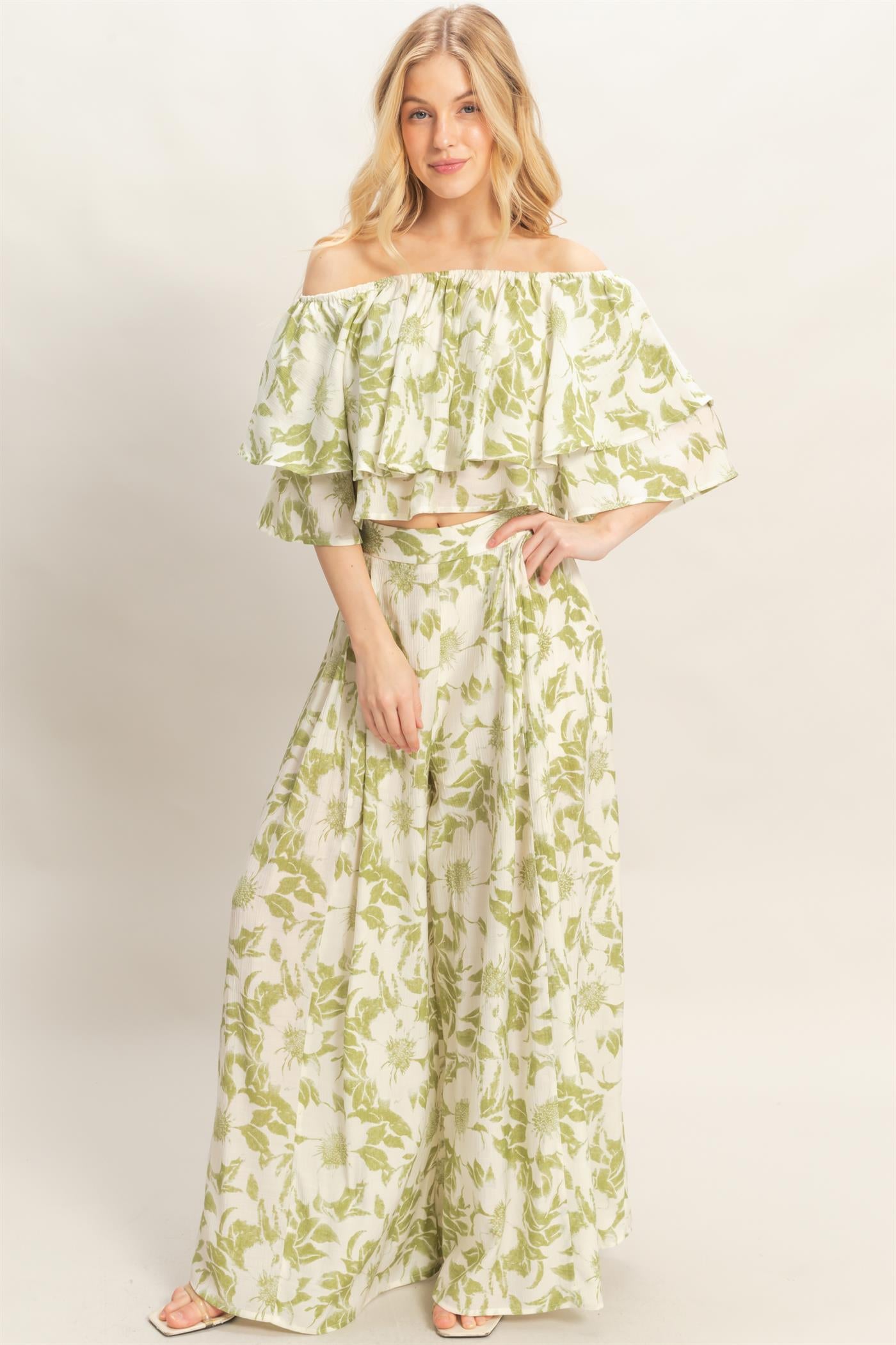Wholesale Floral Off-Shoulder Top & Pants Set Clothing Tops HF26C832-SET LIGHT OLIVE HYFVE