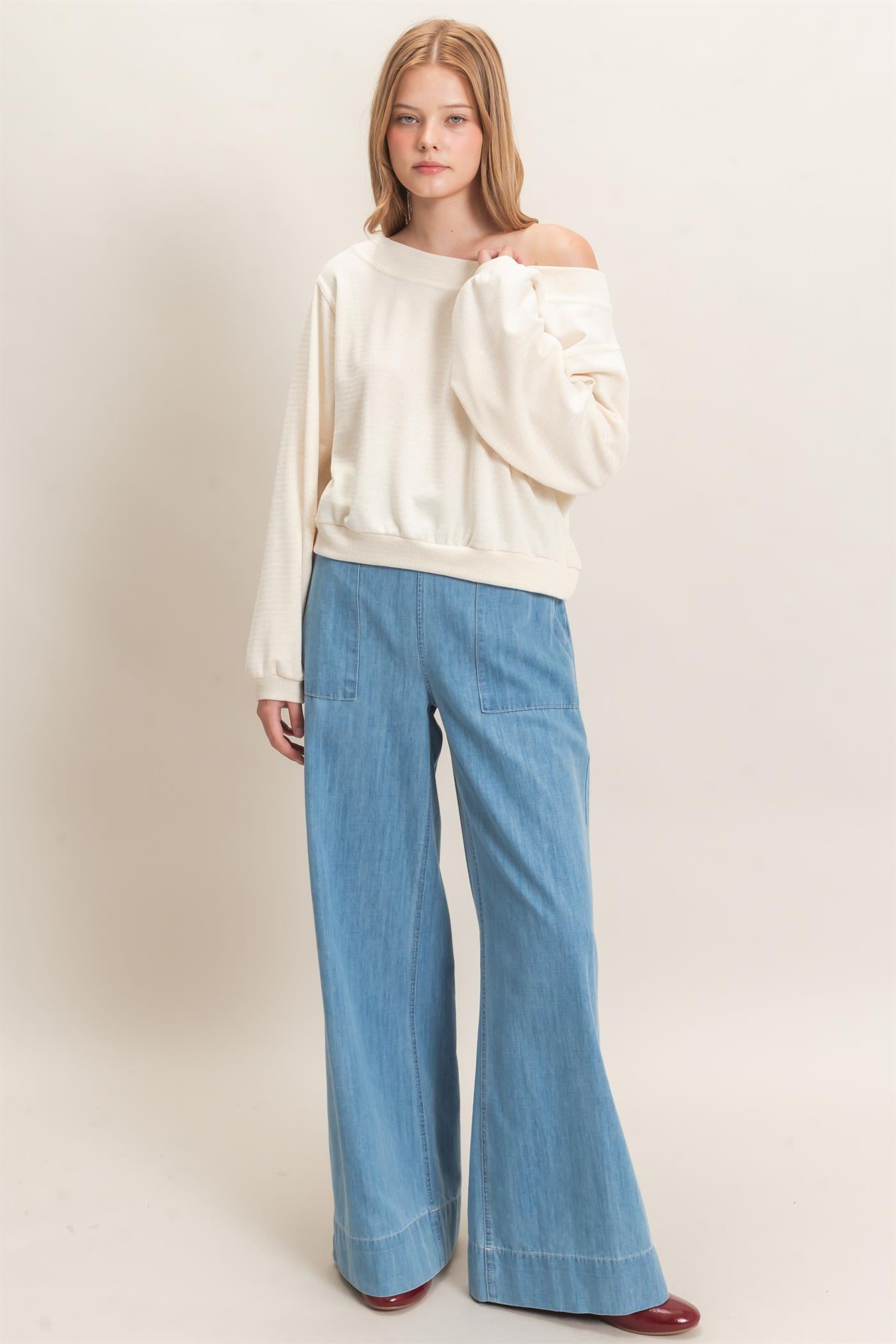 Wholesale Off Shoulder Knit Sweatshirt Blouses HF26F028 CREAM HYFVE
