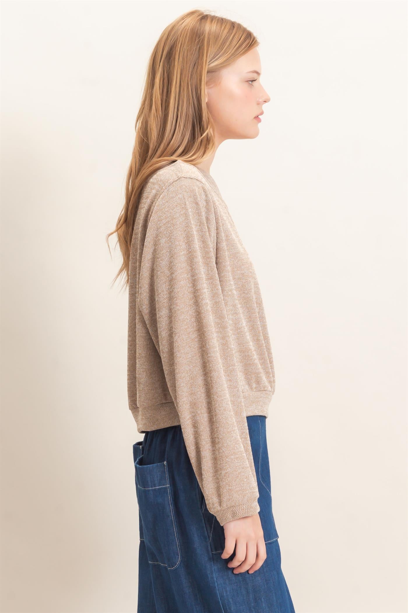 Wholesale Off Shoulder Knit Sweatshirt Blouses HF26F028 TAUPE HYFVE