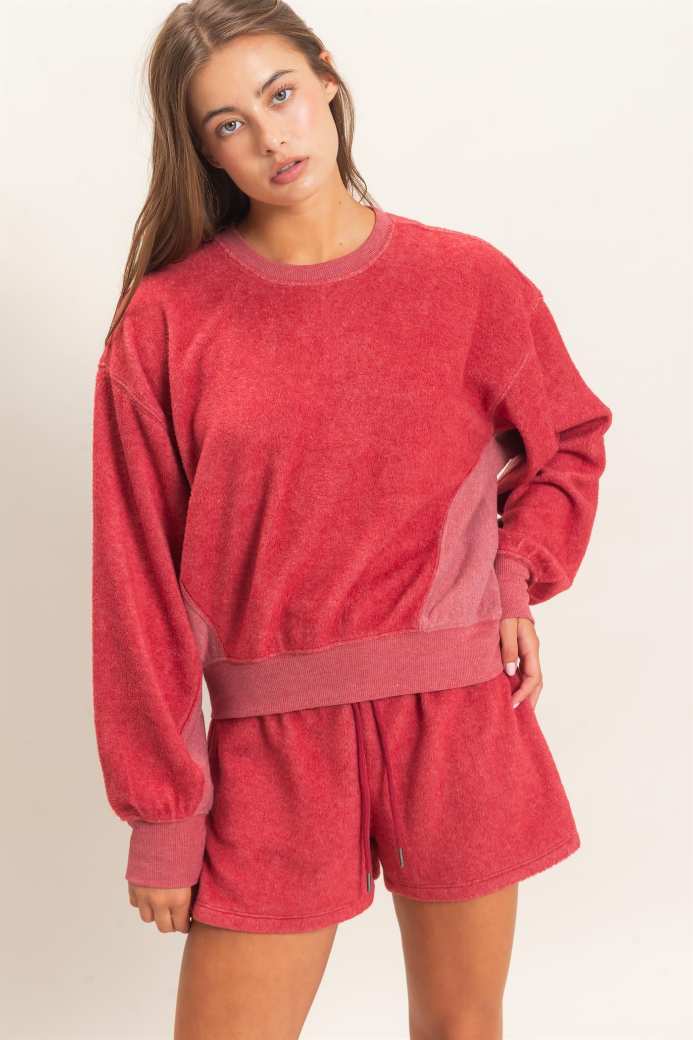 Wholesale Contrast Sweatshirt & Shorts Set Clothing DZ25F478-SET DARK RED DOUBLE ZERO