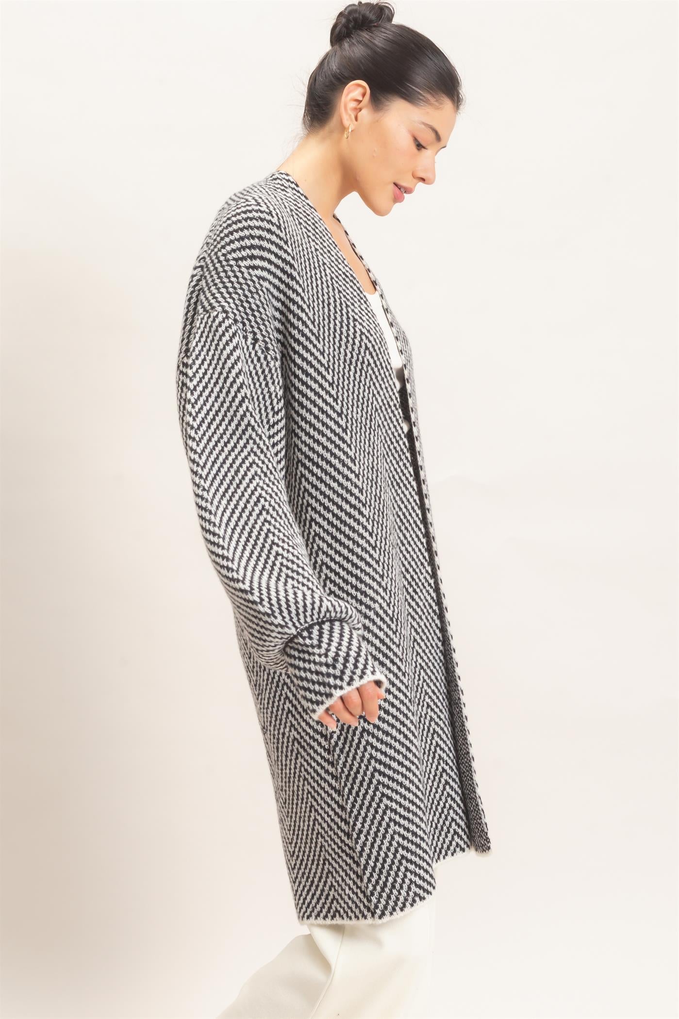 Wholesale Herringbone Pattern Open-Front Cardigan Cardigans HF26F171 BLACK HYFVE