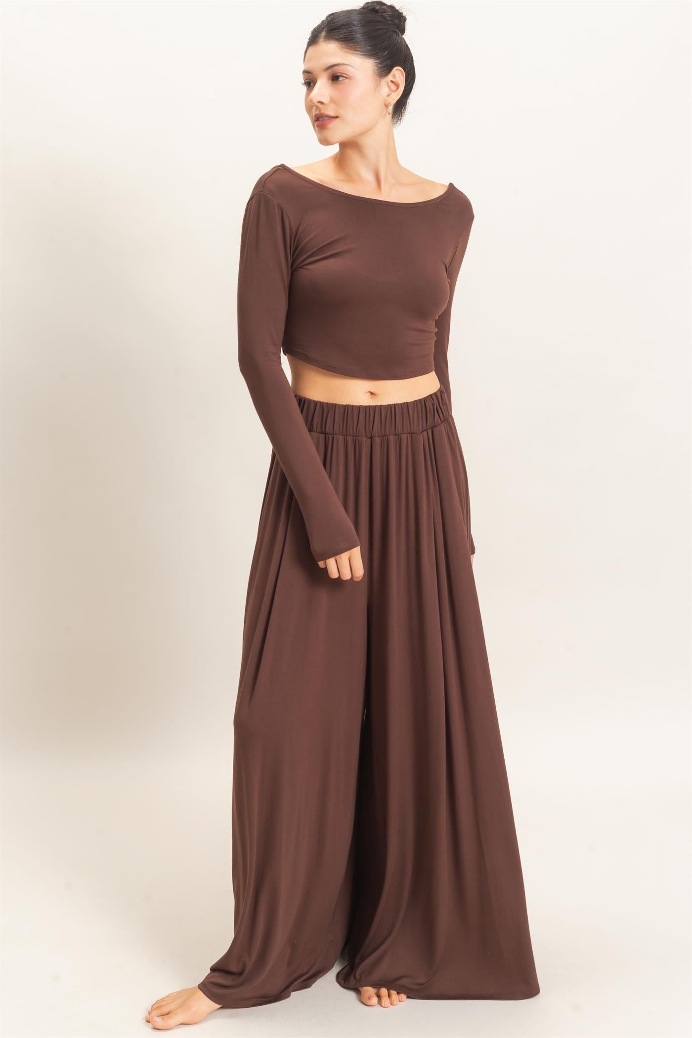 Wholesale Long Sleeve Top & Wide Leg Pants Set Clothing HF26F227-SET-D ESPRESSO HYFVE
