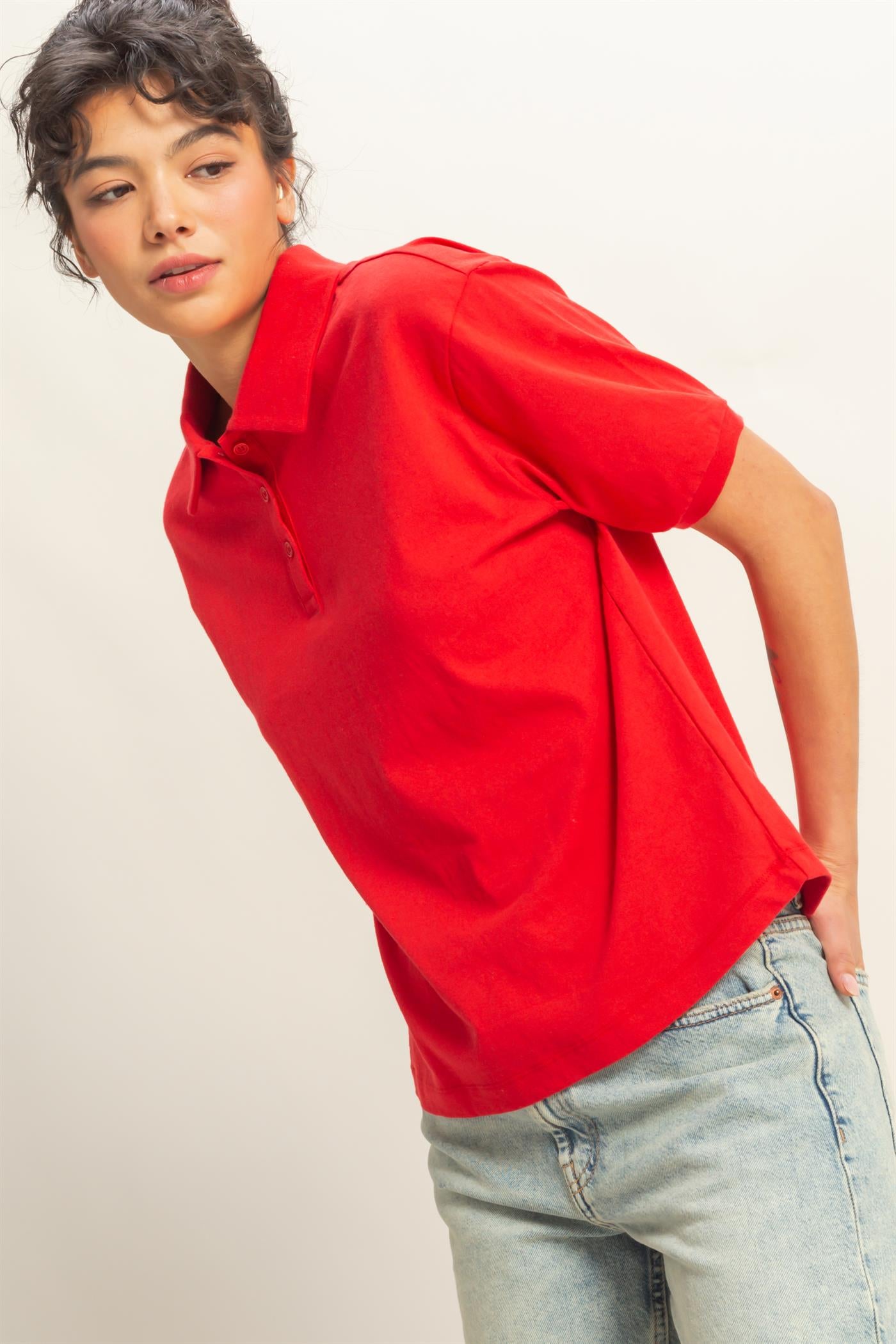 Wholesale Collared Neck Short Sleeve Relaxed Top Polos DZ25C257 RED DOUBLE ZERO