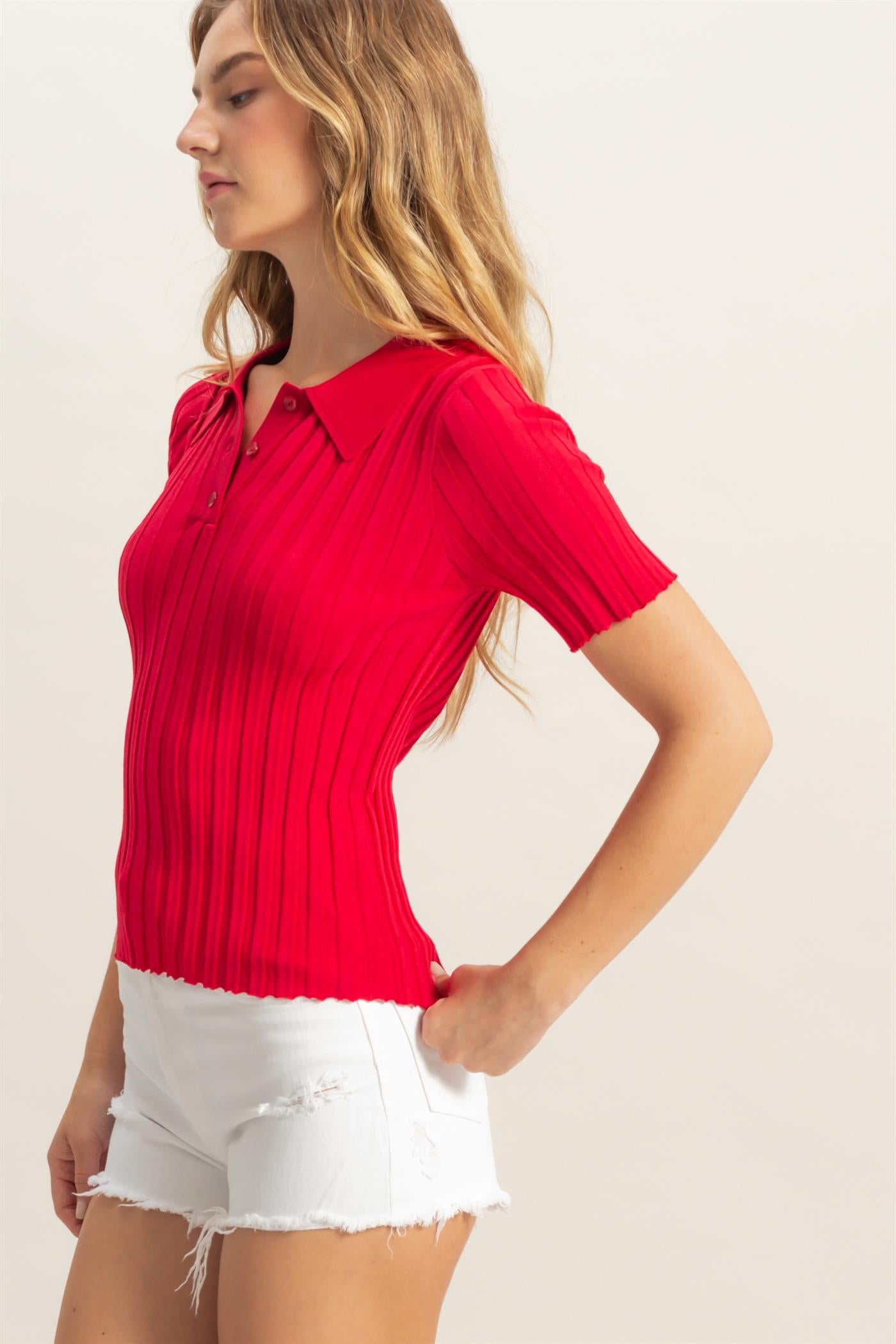 Wholesale Rib Knitted Short Sleeve Polo Top Clothing Tops DZ25C246 RED DOUBLE ZERO