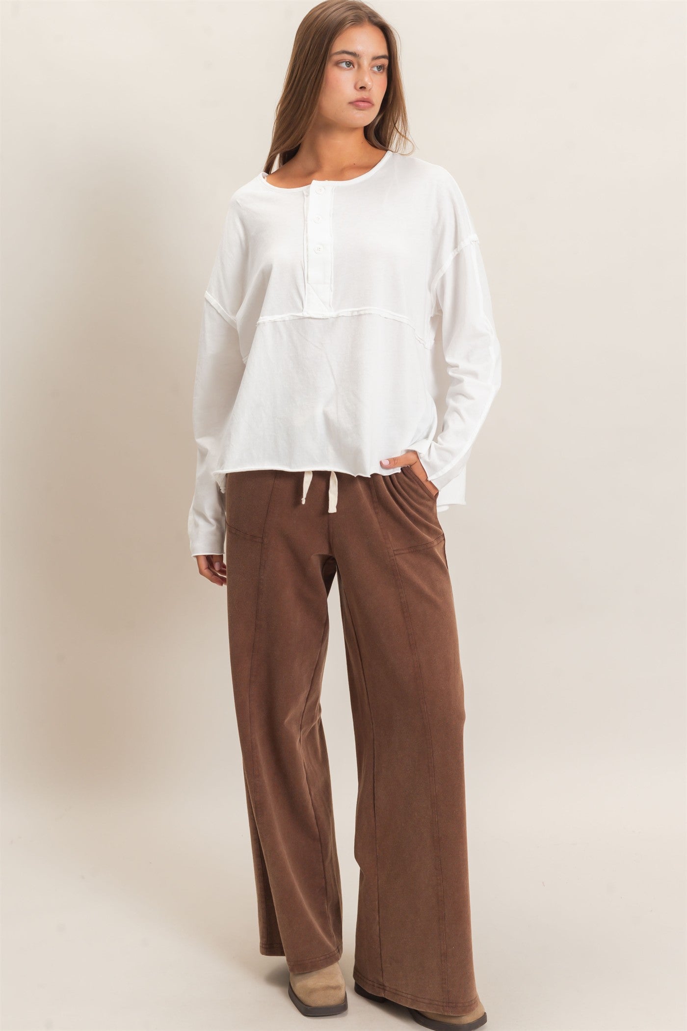 Wholesale Oversized Henley Top With Raw Edges Clothing Tops DZ26F128 WHITE DOUBLE ZERO