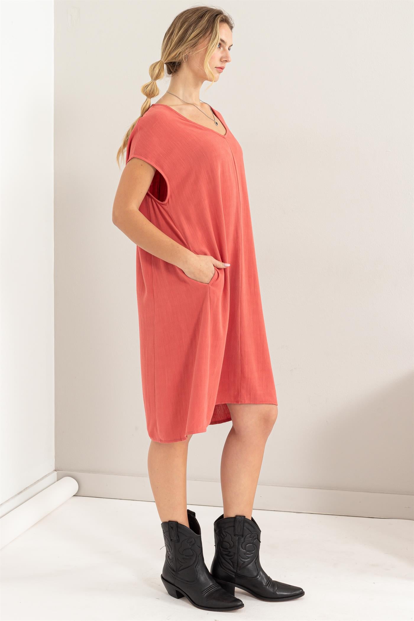 Wholesale V-Neck Oversized Linen Midi Dress Dresses DZ23E033-D BRICK DOUBLE ZERO