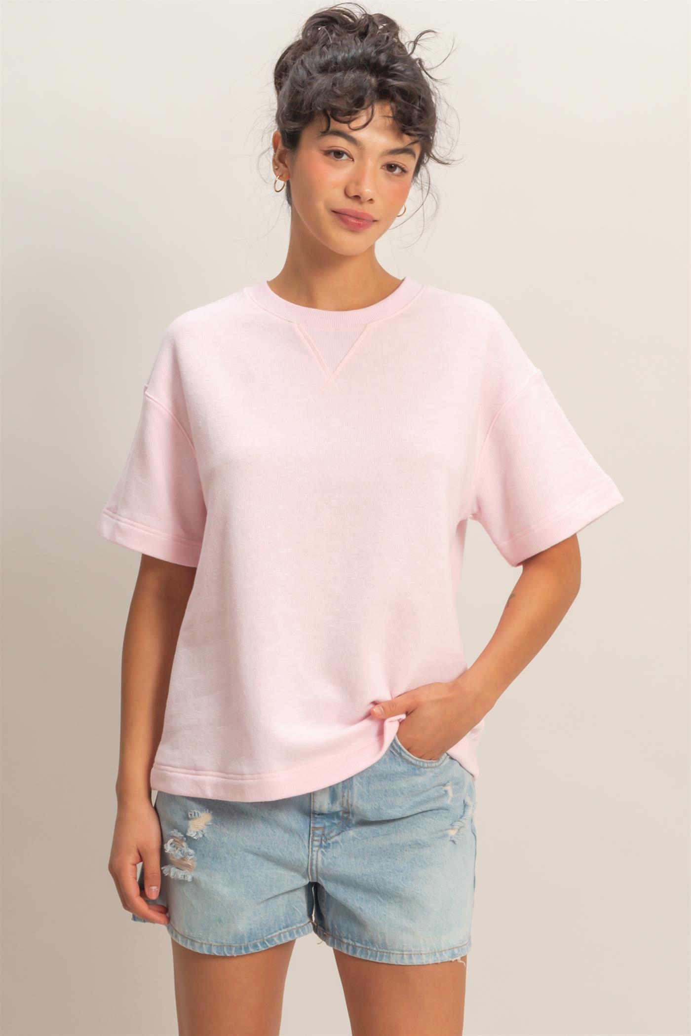 Wholesale Crew Neck Short Sleeve Top Clothing Tops DZ26A891 SOFT PINK DOUBLE ZERO