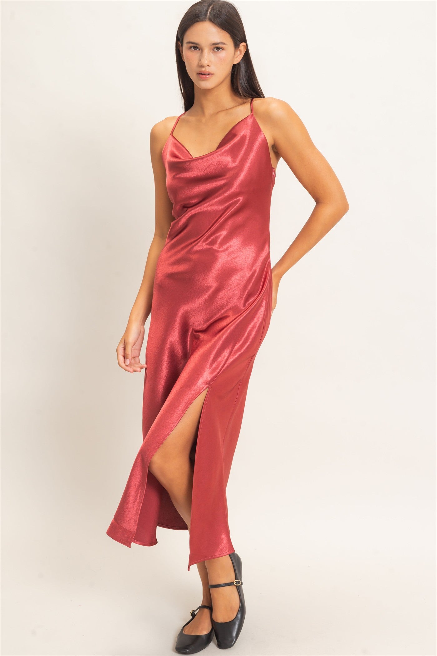 Wholesale Cowl Neck Satin Slip Dress Dresses DZ26E251 DARK RED DOUBLE ZERO