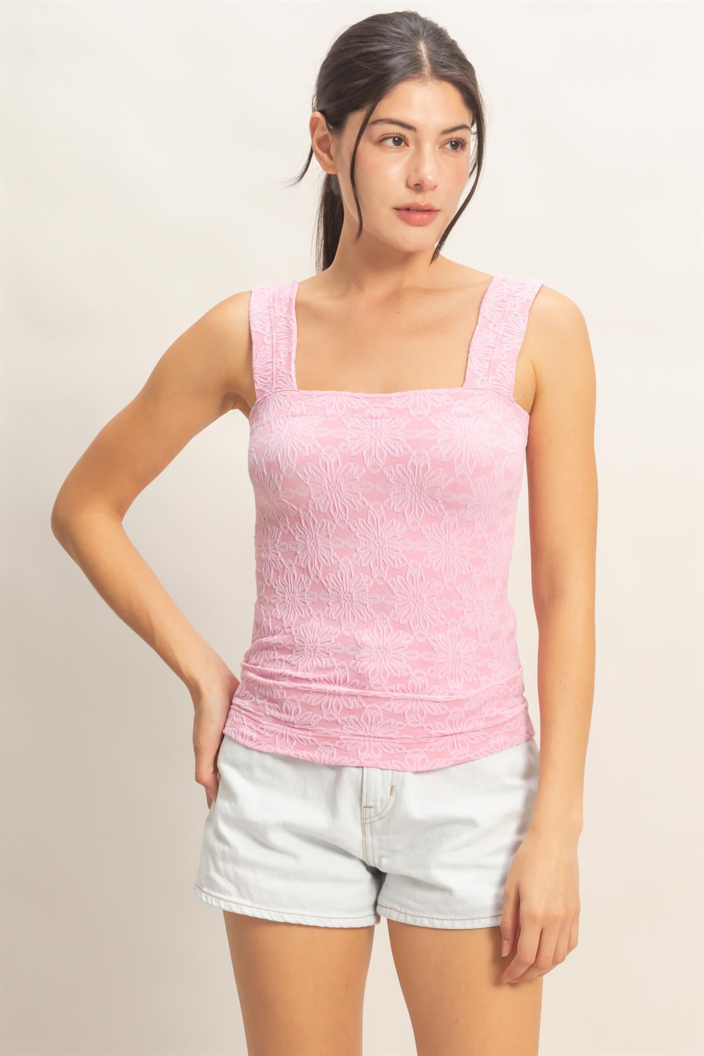 Wholesale Floral Jacquard Square Neck Top Tank Tops HF26E337 BUBBLE PINK HYFVE
