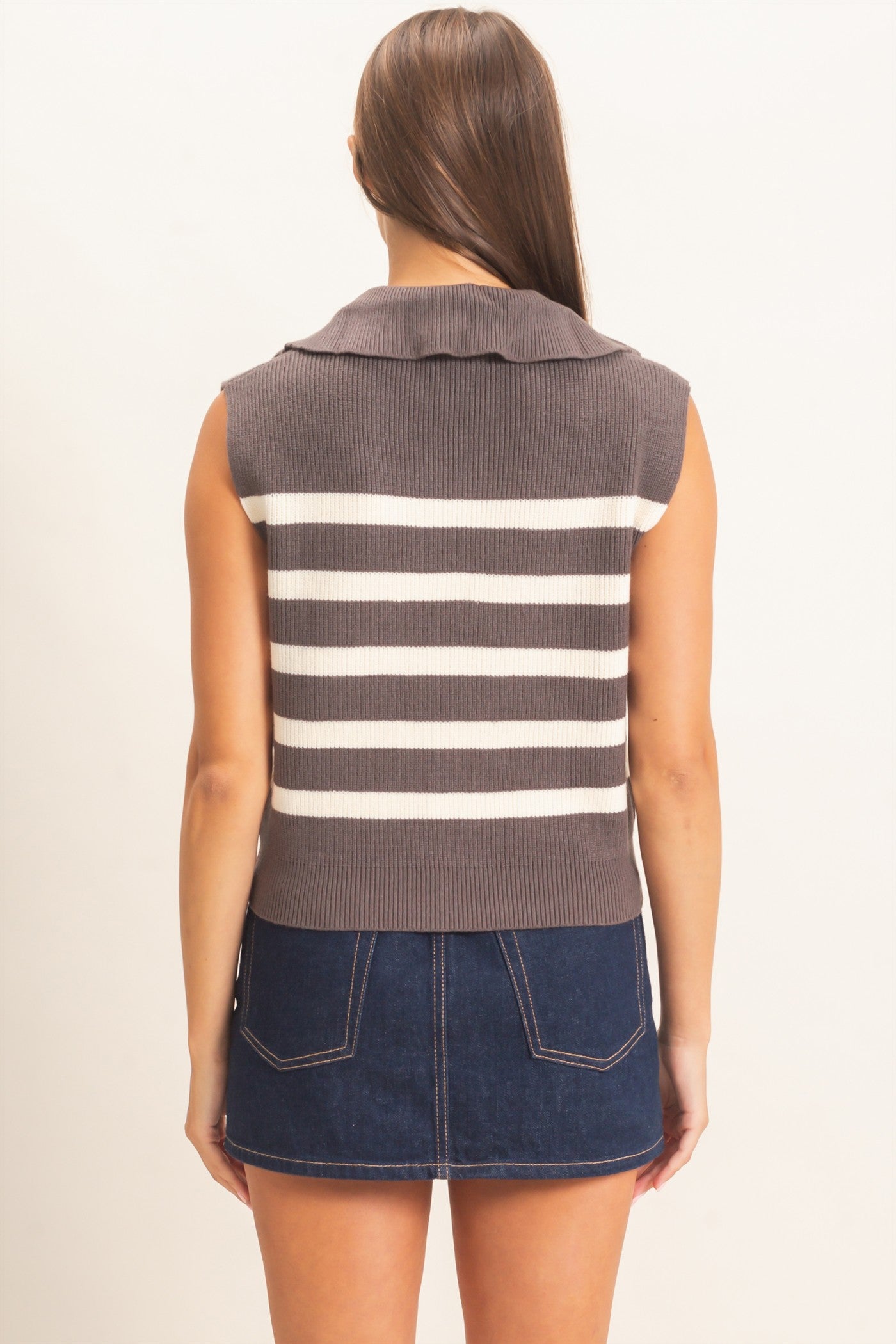 Wholesale Half-Zip Sleeveless Stripe Sweater Sweaters DZ26E951 CHARCOAL DOUBLE ZERO