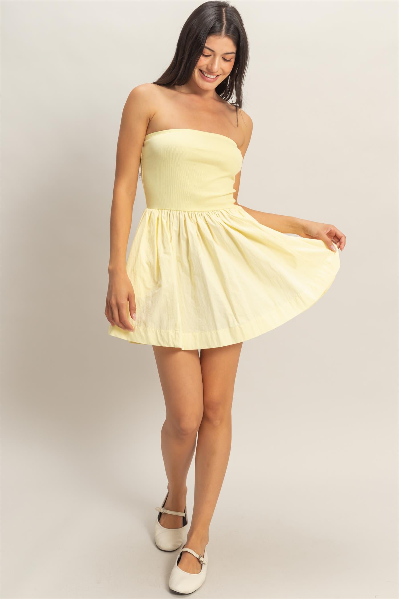 Wholesale Strapless Flowy Mini Dress Dresses DZ26C043 PALE YELLOW DOUBLE ZERO