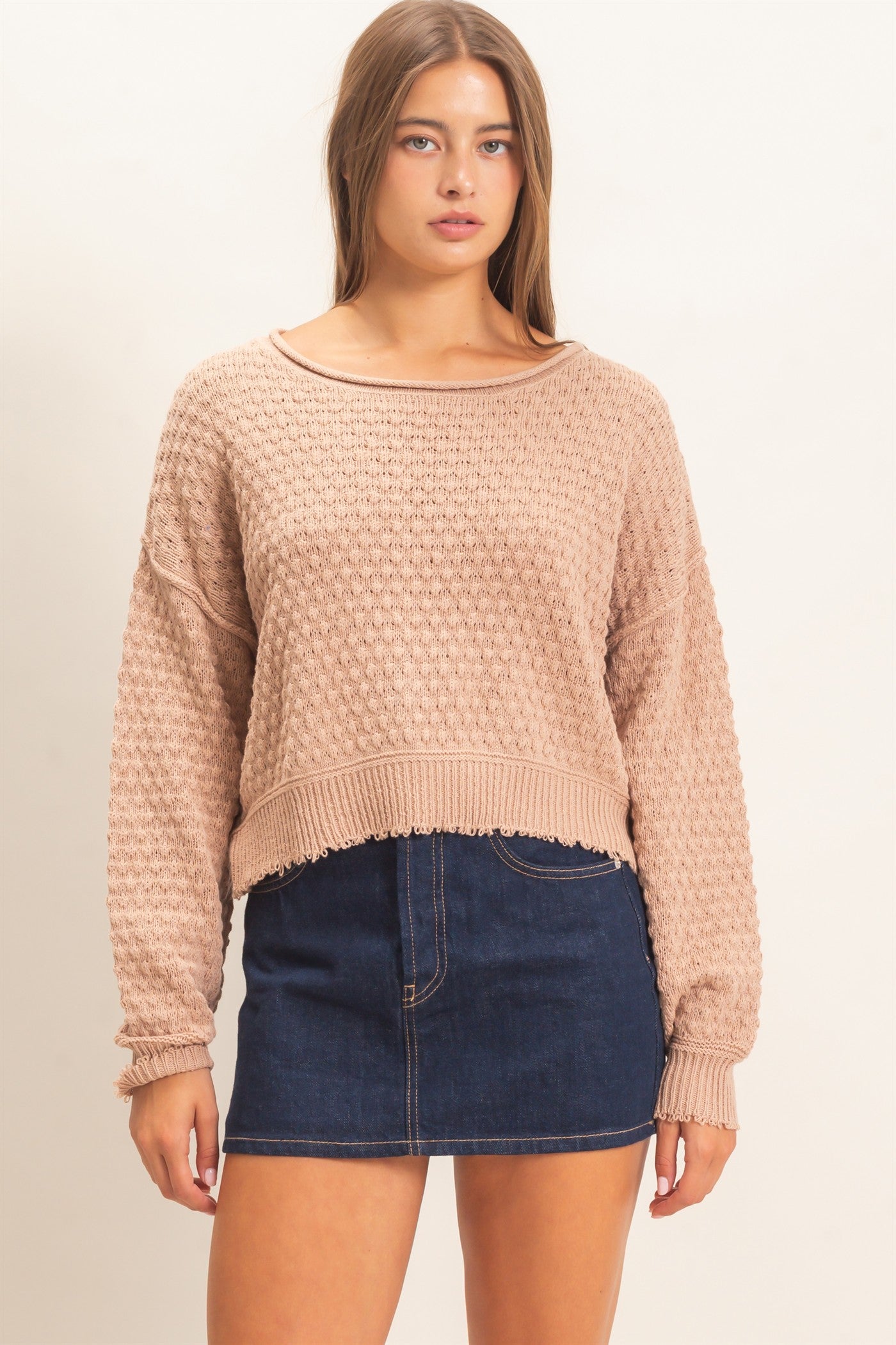 Wholesale Textured Boat Neck Sweater Sweaters DZ26E880 DARK TAUPE DOUBLE ZERO