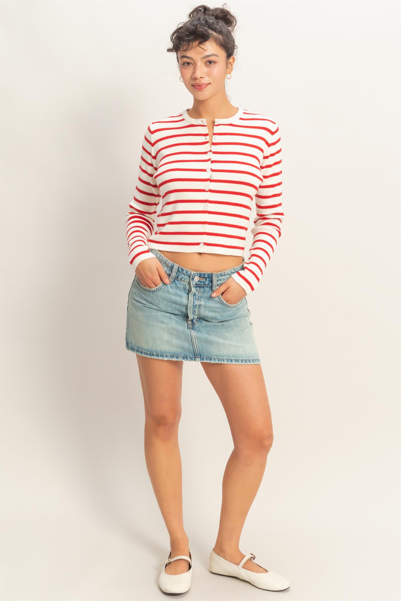 Wholesale Striped Button-Up Cardigan Cardigans DZ26C166 RED DOUBLE ZERO