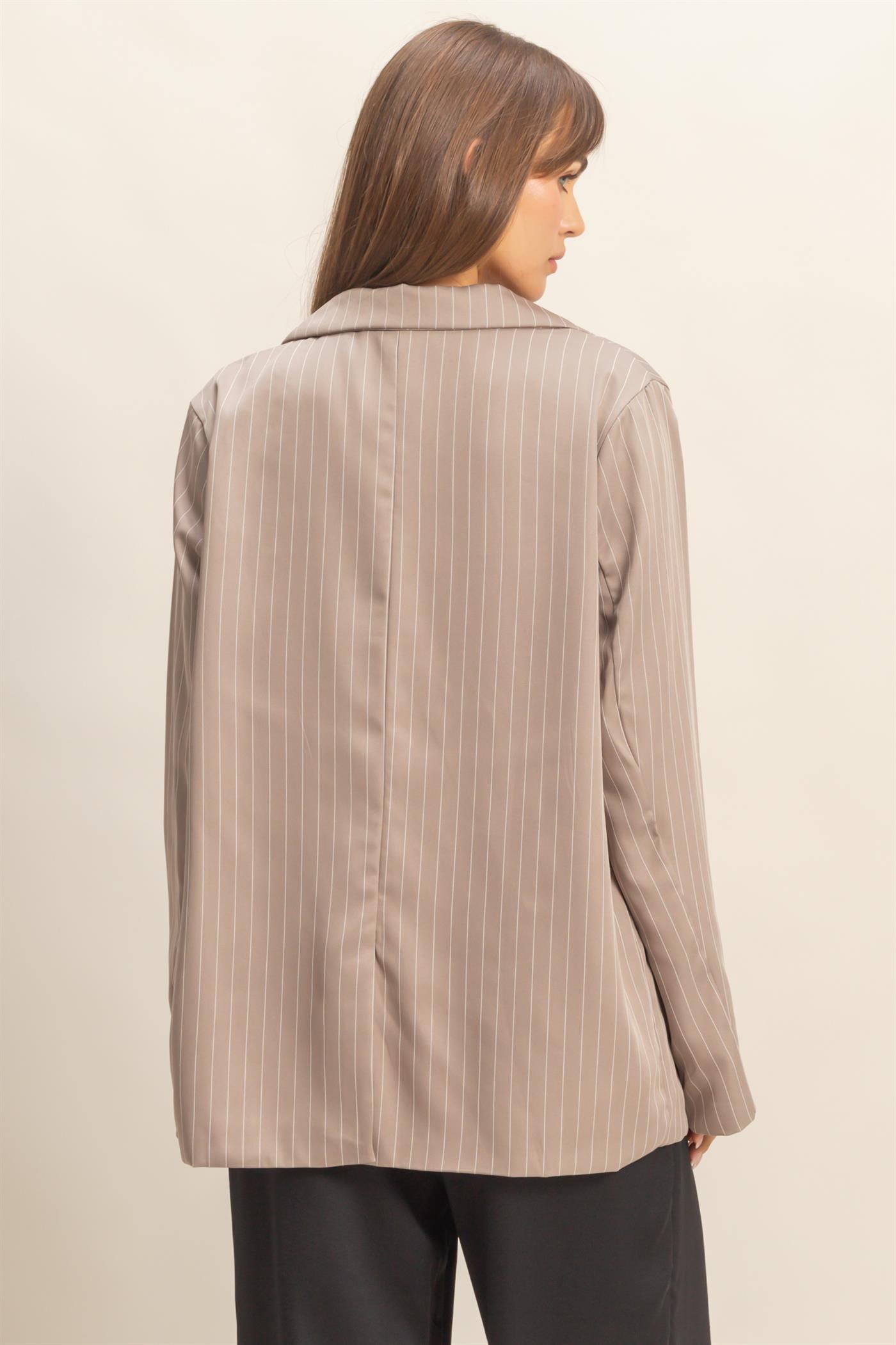 Wholesale Pin Stripe Oversized Blazer Coats & Jackets HF24A247 WARM TAUPE HYFVE