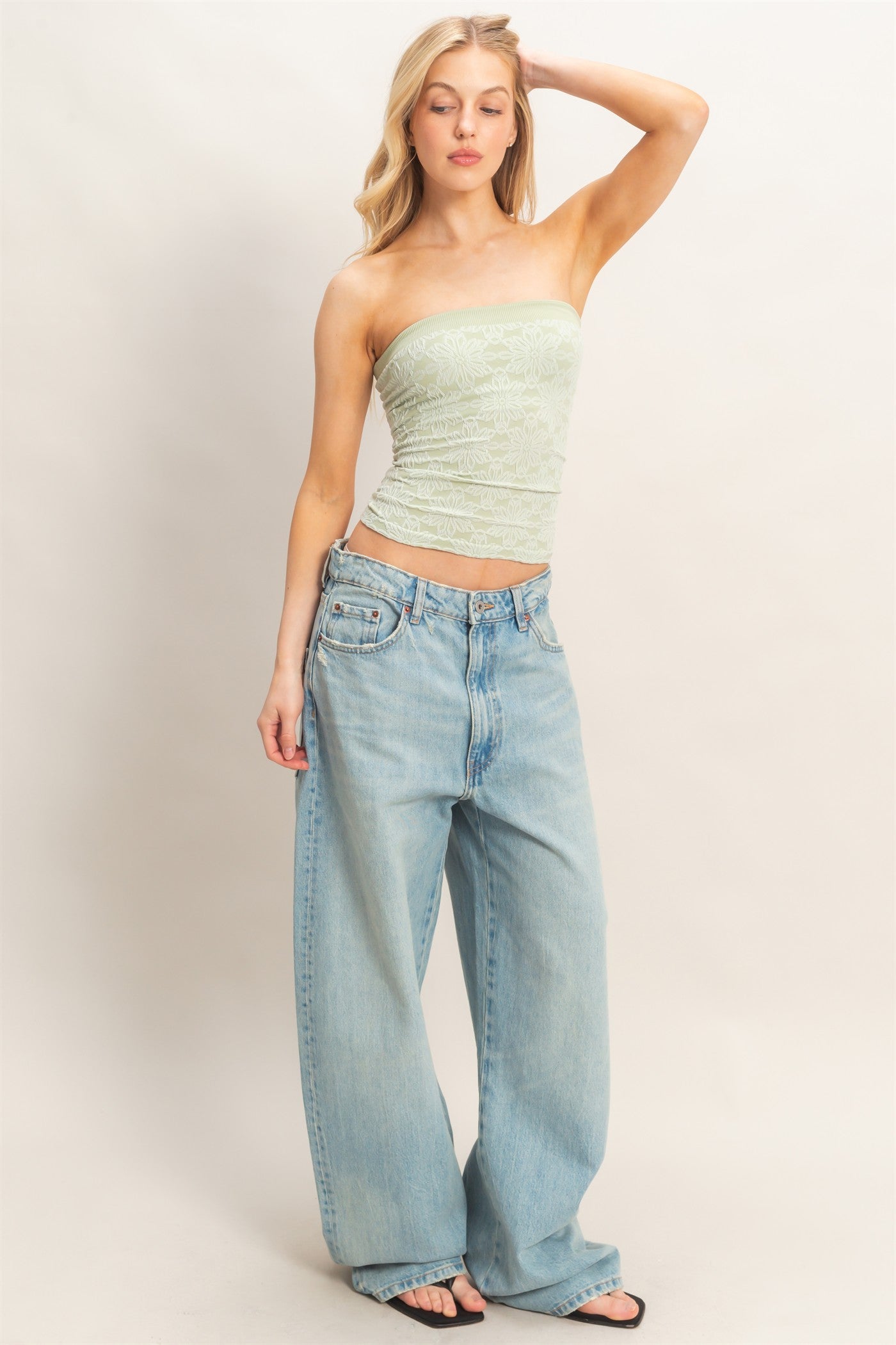 Wholesale Strapless Jacquard Top Clothing Tops HF26E219 SAGE GREEN HYFVE