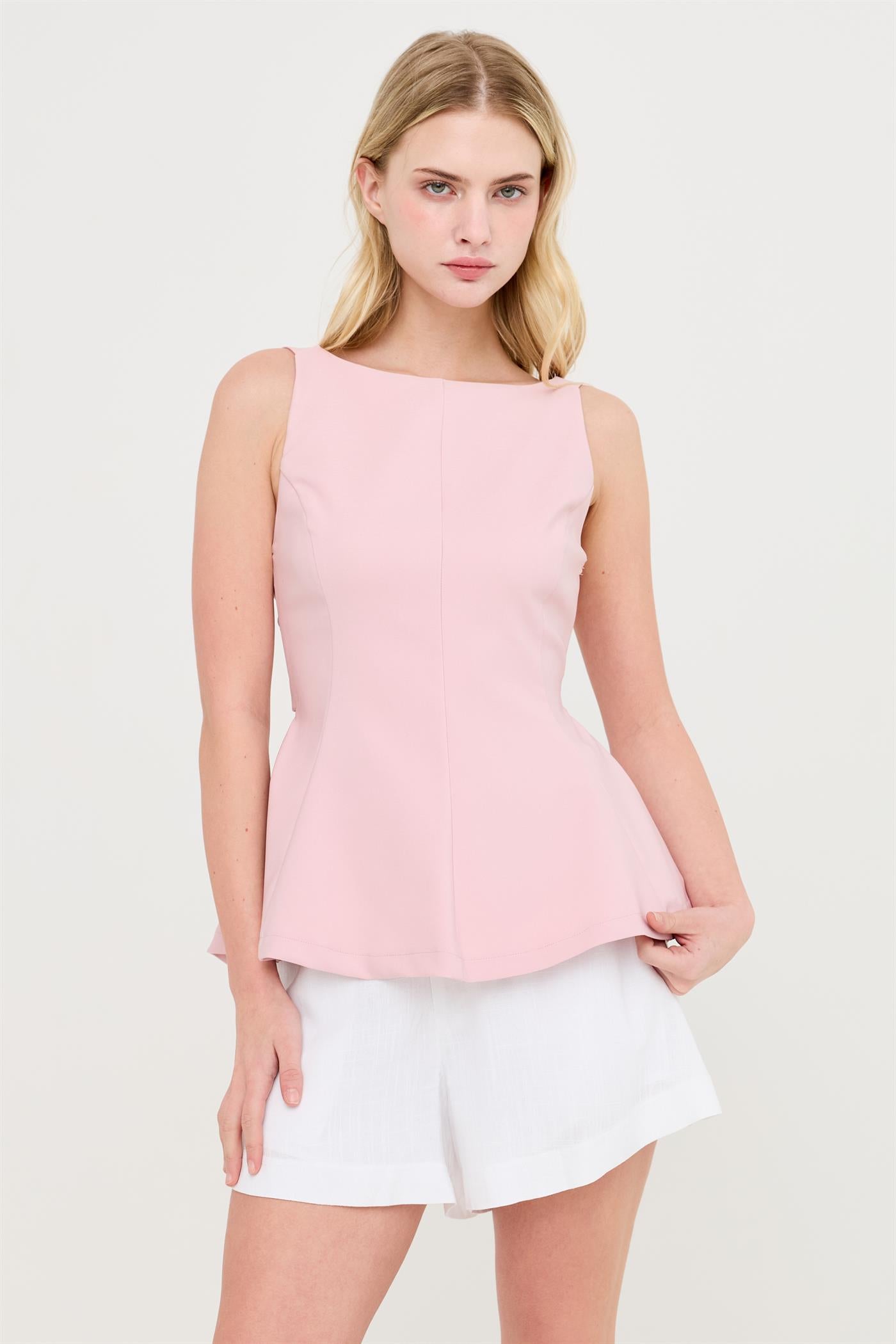 Wholesale Sleeveless Open Back Peplum Top Clothing Tops HF26A292 PINK HYFVE