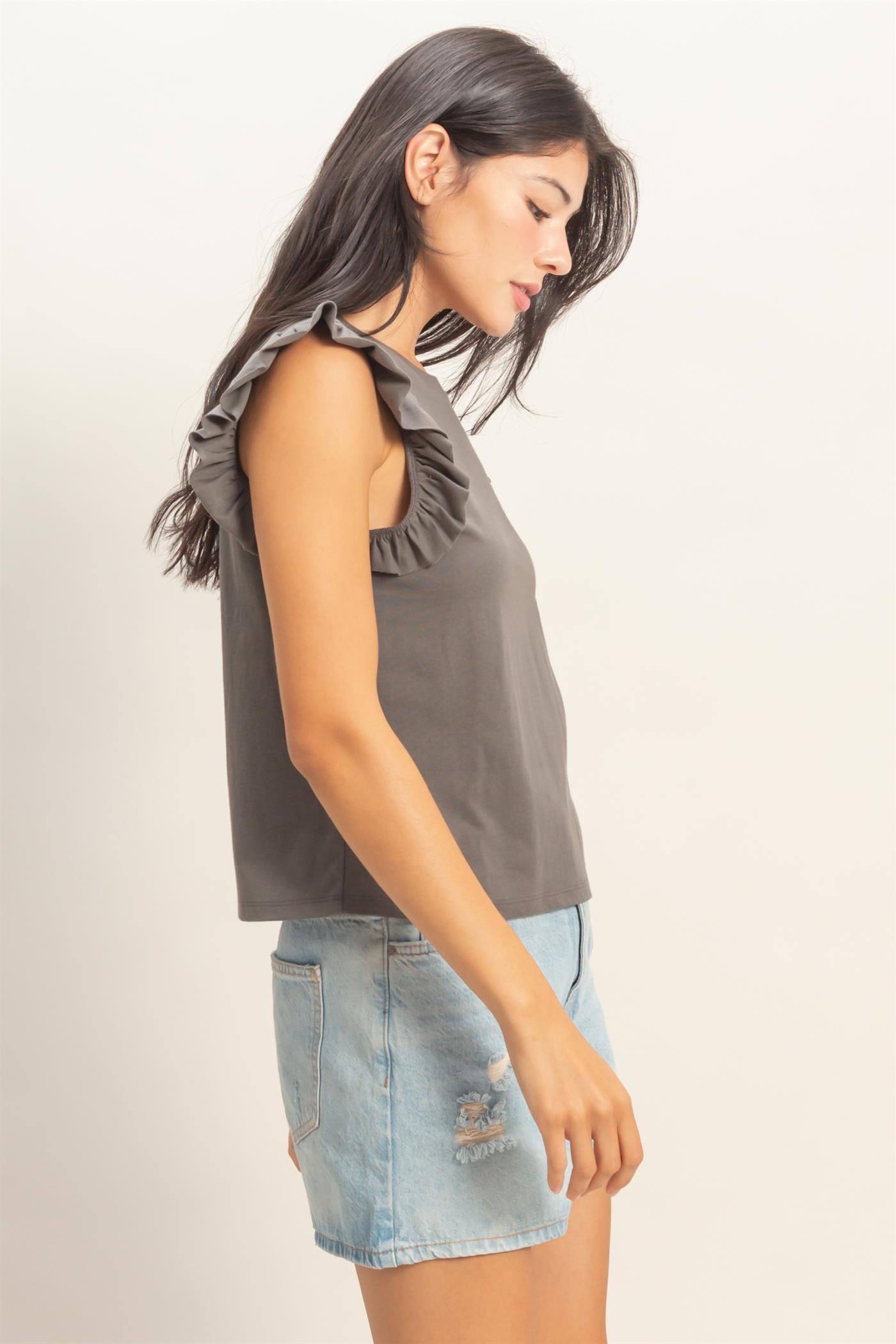 Wholesale Ruffle Cap Sleeve Crew Neck Top Clothing Tops DZ26C070 CHARCOAL DOUBLE ZERO