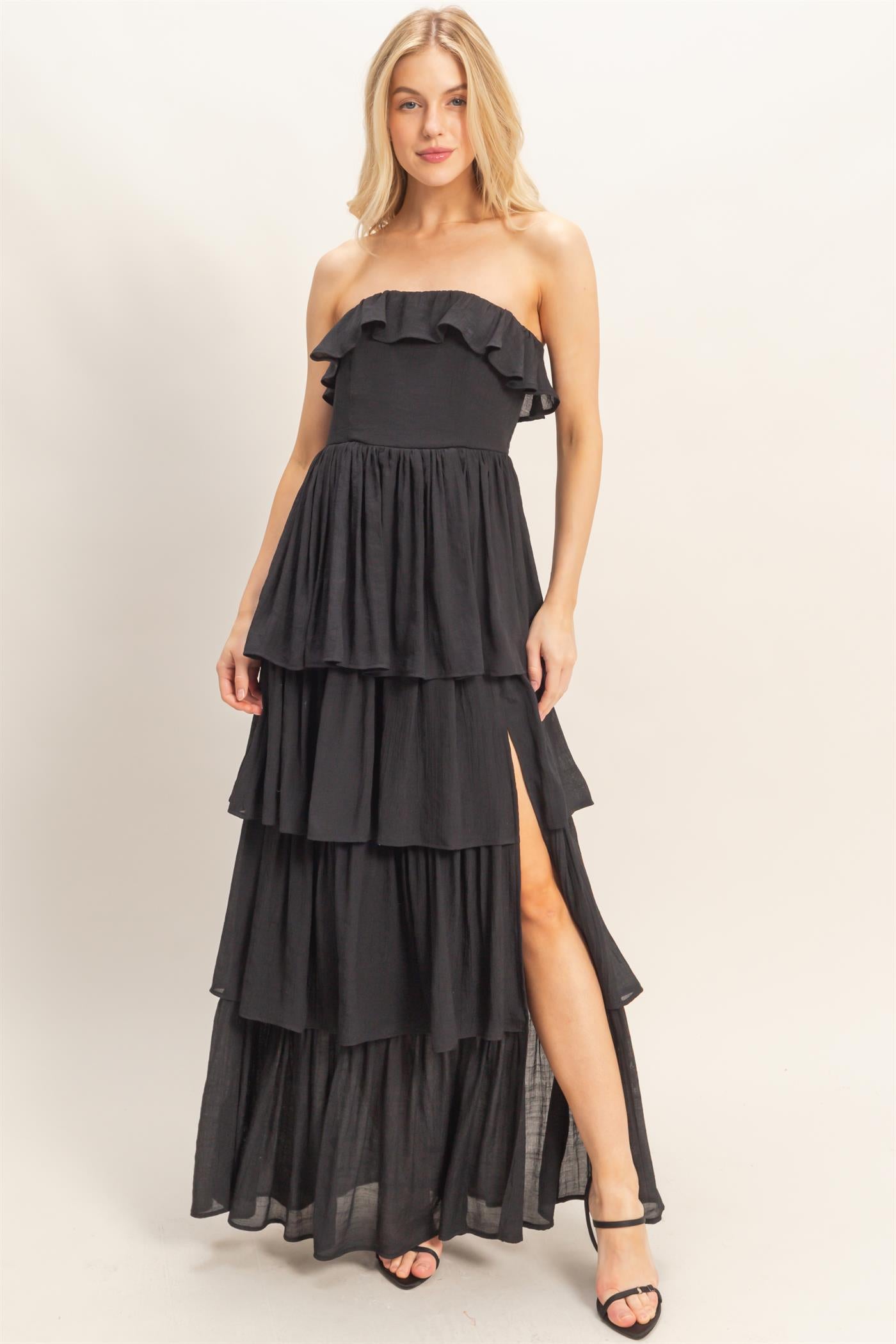 Wholesale Tiered Strapless Ruffle Dress Dresses HF26A616-D BLACK HYFVE