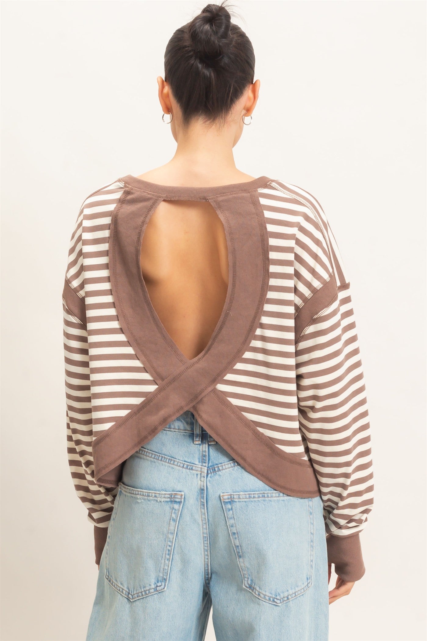 Wholesale Striped Long Sleeve Top Clothing Tops HF26C908-D MOCHA HYFVE