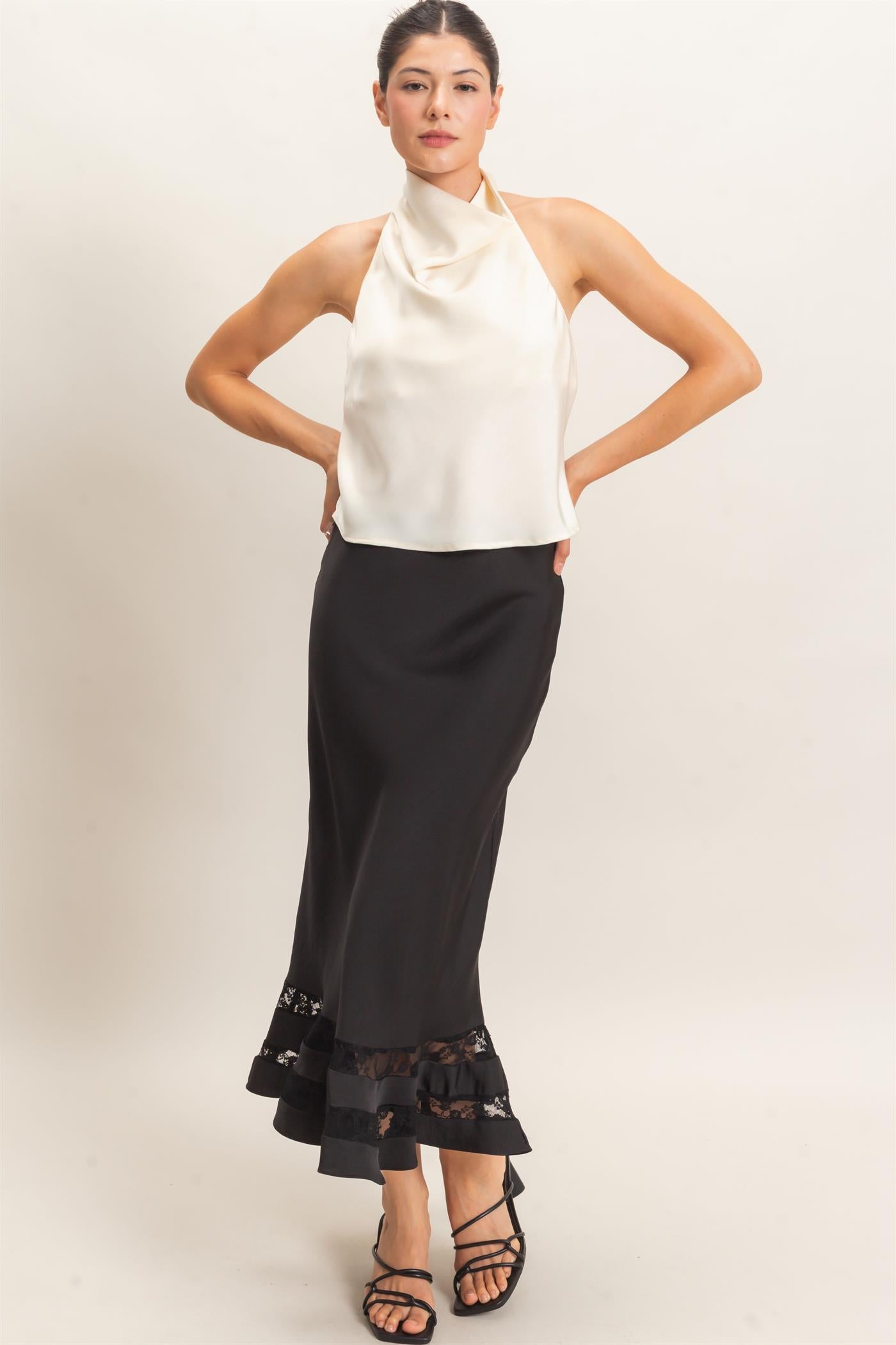 Wholesale Bias Cut Satin Skirt With Lace Hem Skirts HF26E306 BLACK HYFVE
