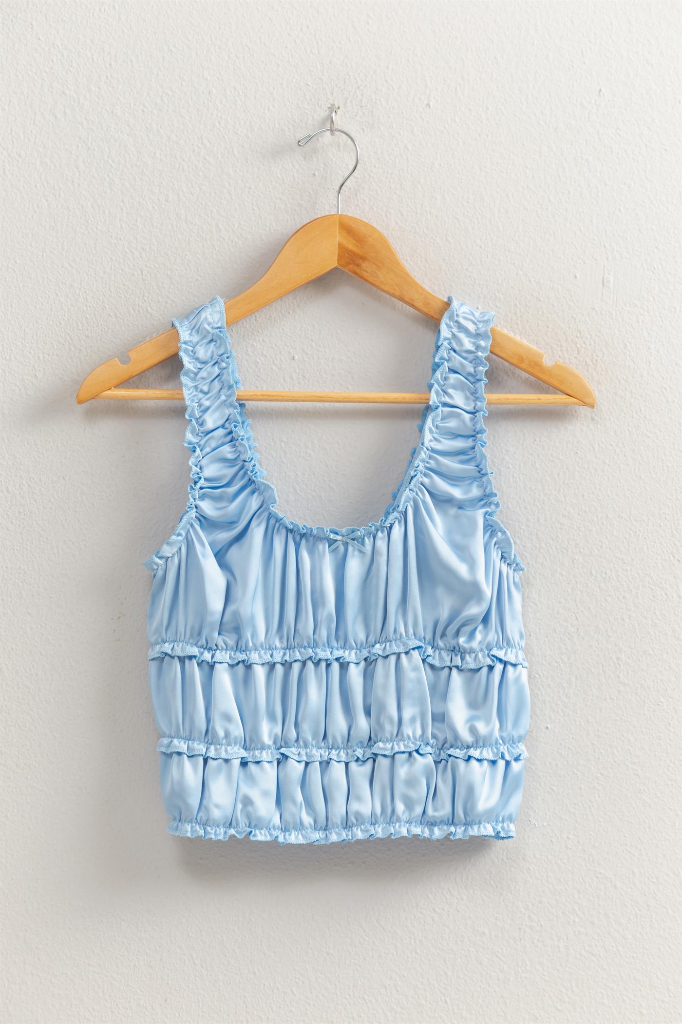 Wholesale Ruched Satin Sleeveless Crop Top Clothing Tops DZ25C172 ICE BLUE DOUBLE ZERO