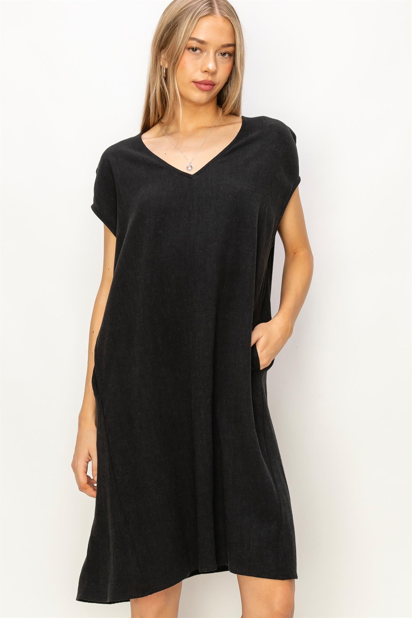 Wholesale V-Neck Oversized Linen Midi Dress Dresses DZ23E033-D BLACK DOUBLE ZERO