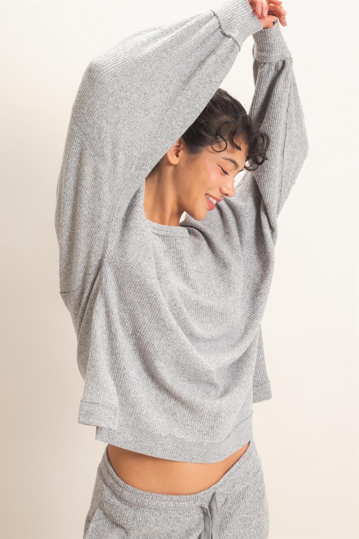 Wholesale Brushed Waffle Long Sleeve Top Clothing Tops DZ26F312 HEATHER GRAY DOUBLE ZERO