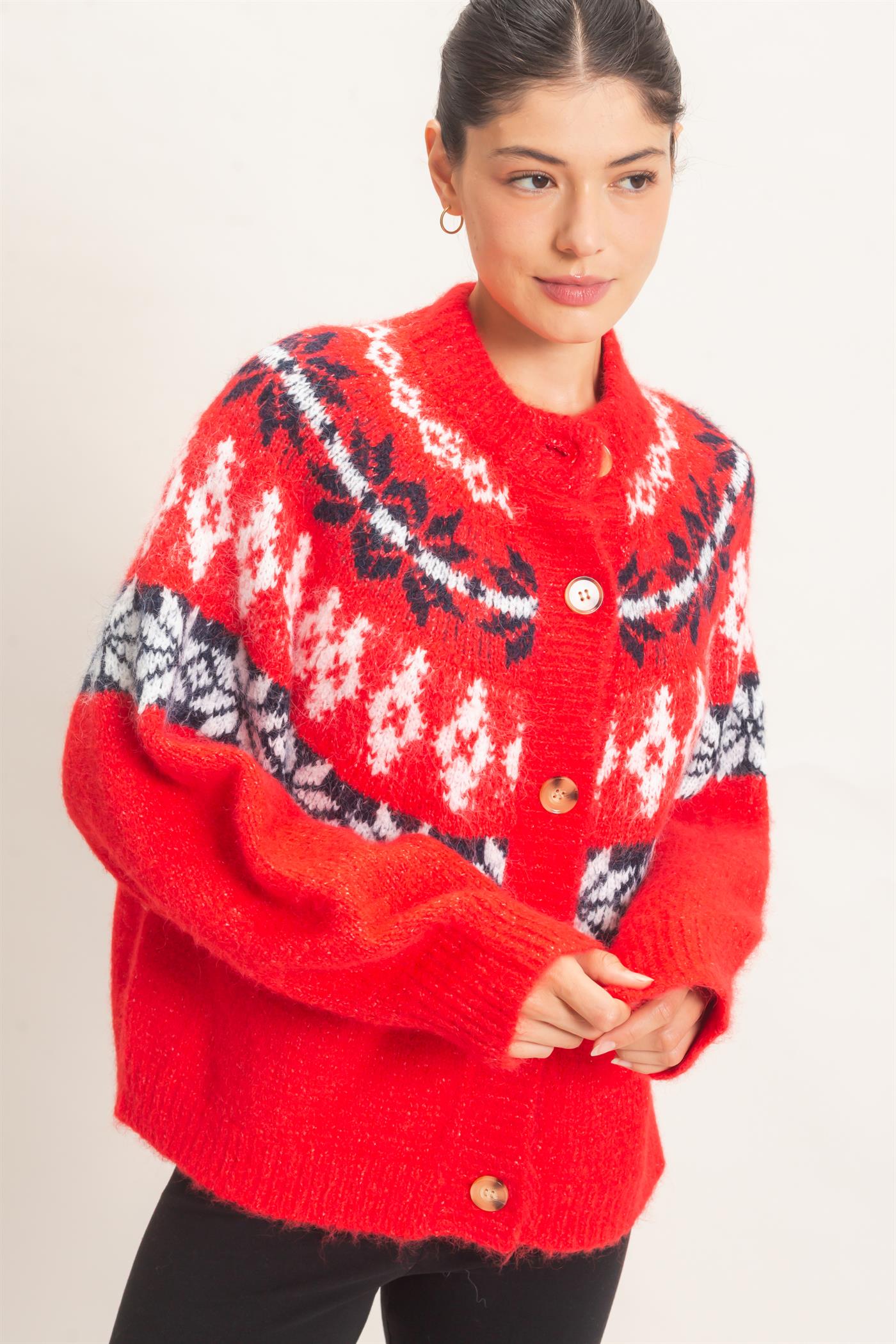 Wholesale Fair Isle Button-Front Cardigan Cardigans HF26E918 RED HYFVE