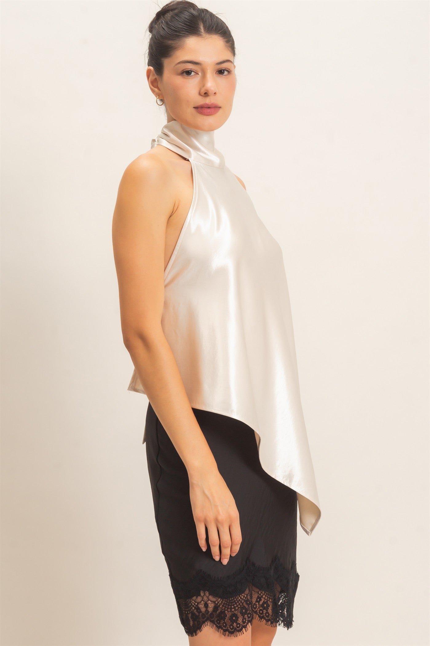 Wholesale Asymmetrical Satin Halter Top Blouses HF26F114 PEARL HYFVE