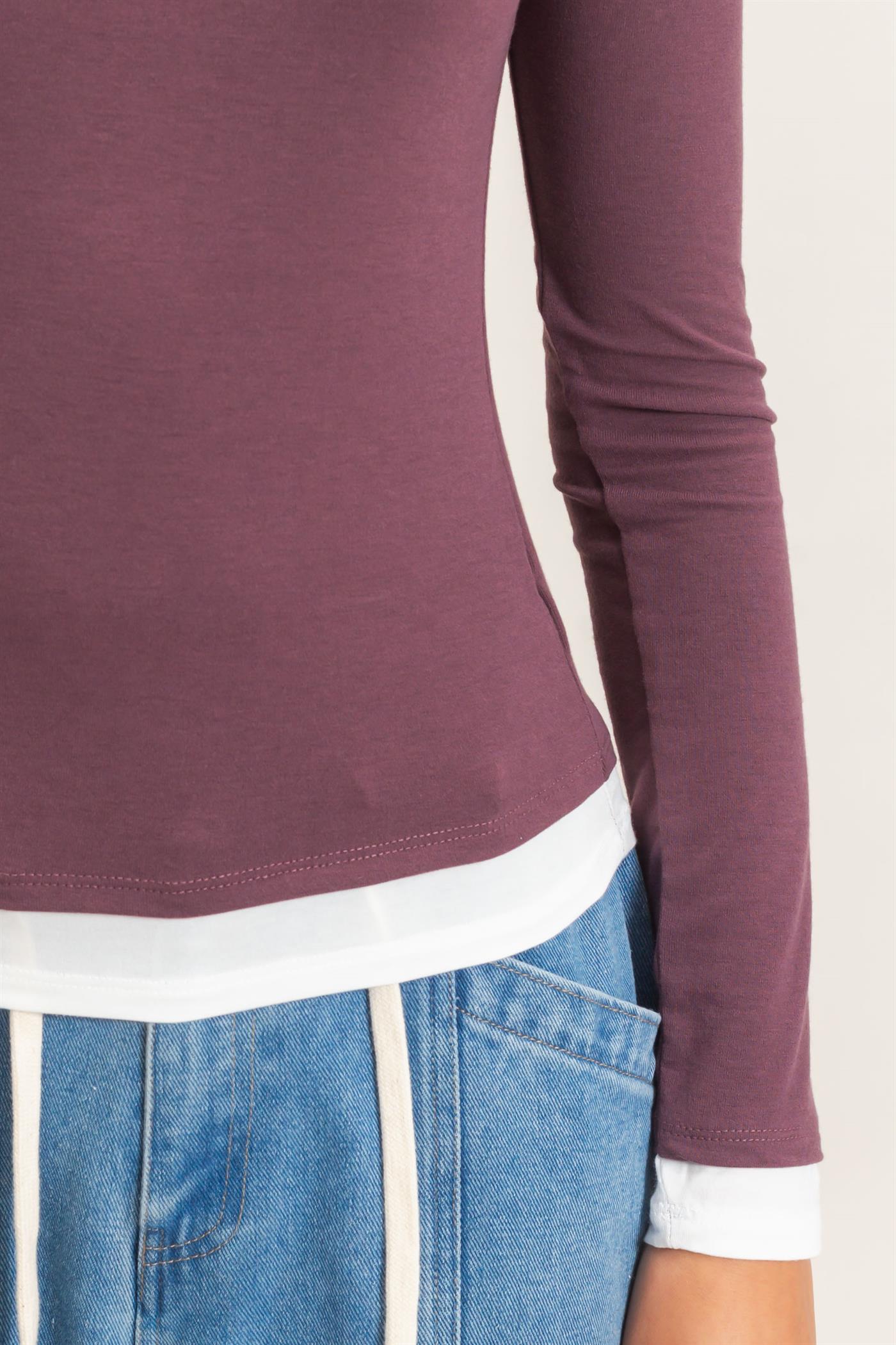 Wholesale Layered Effect Long Sleeve Top Clothing Tops DZ26F341 COCOA DOUBLE ZERO