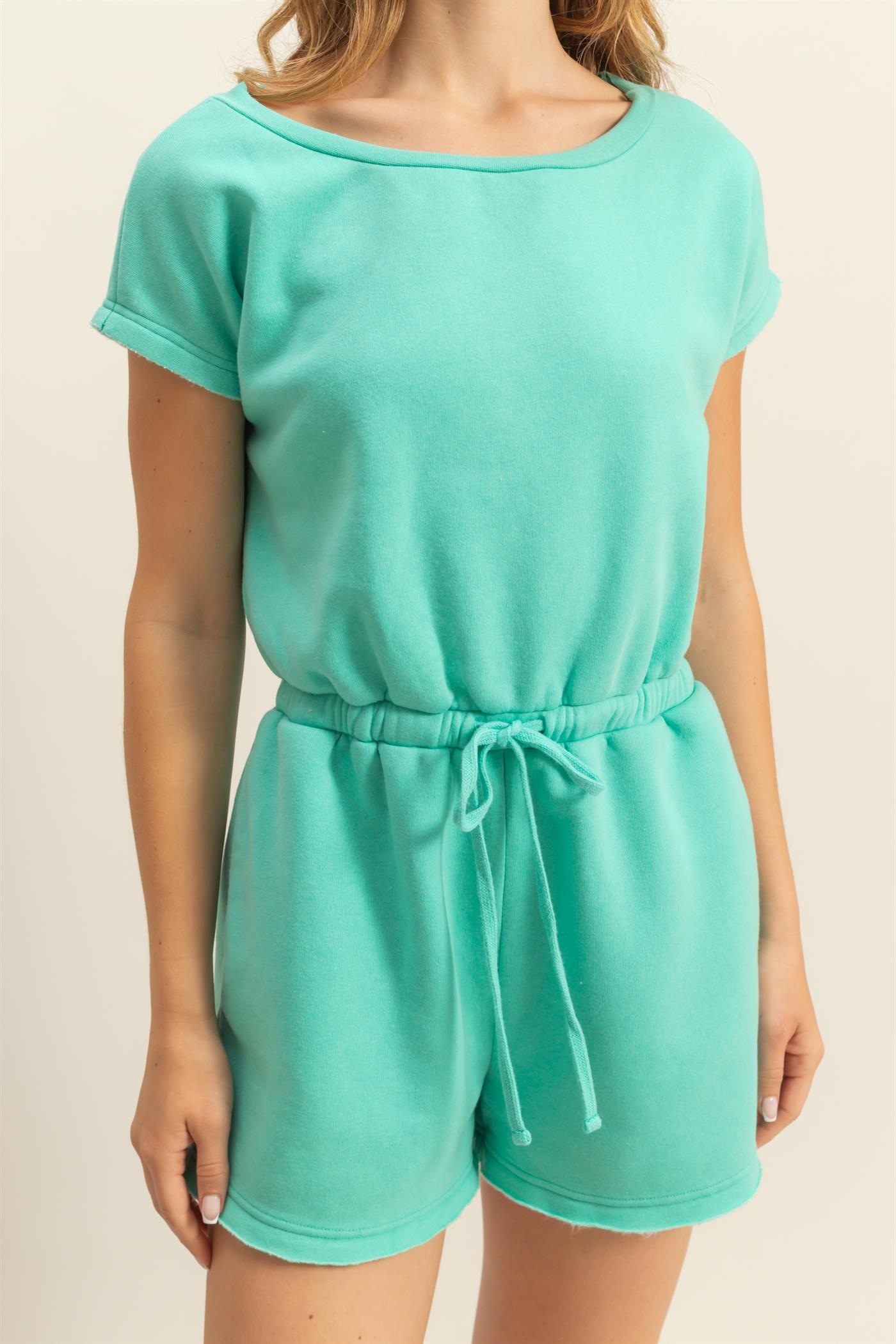 Wholesale Cap Sleeve Drawstring Waist Romper Clothing DZ25A782 TURQUOISE DOUBLE ZERO