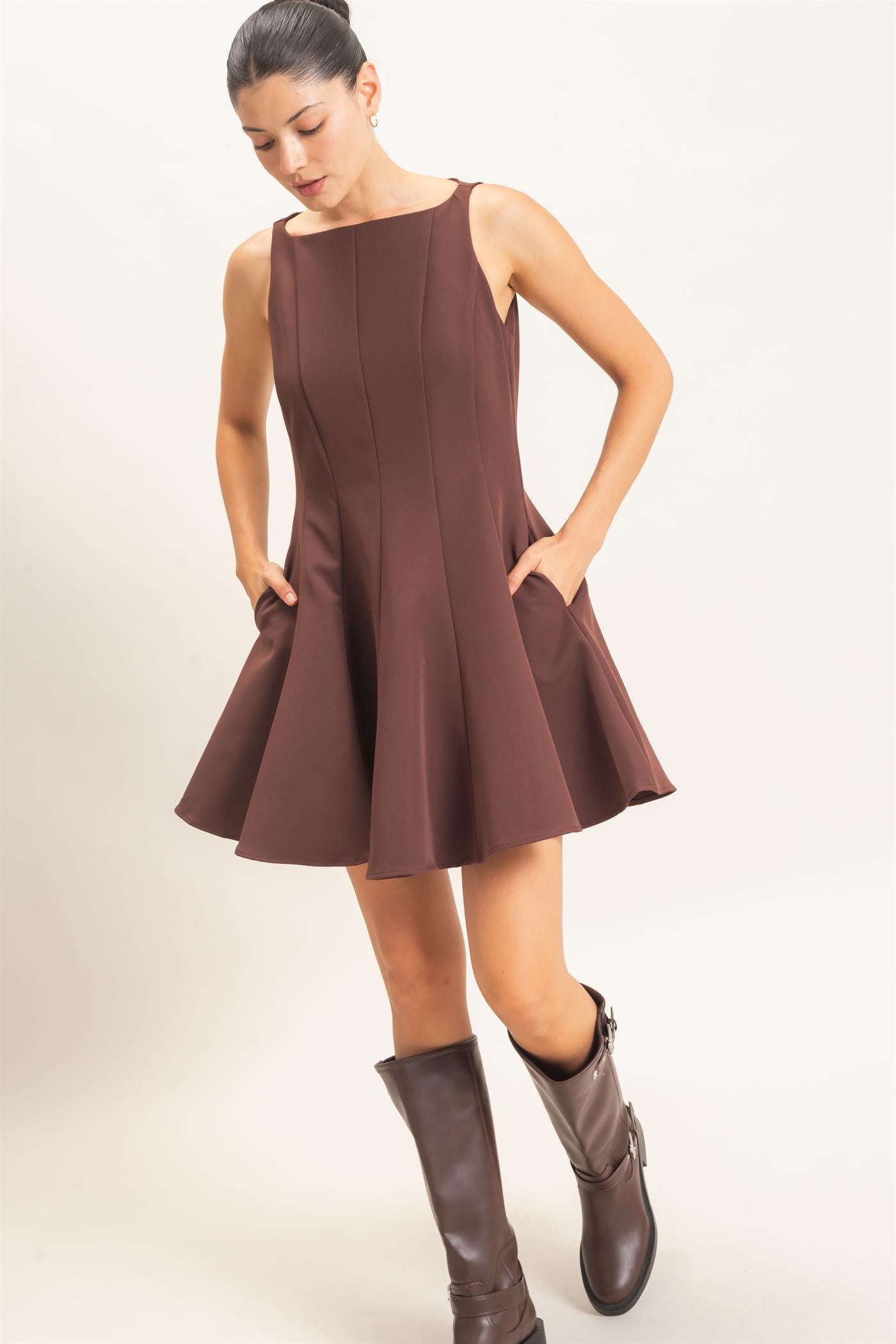 Wholesale Sleeveless Fit And Flare Dress Dresses HF26F217 CHOCOLATE HYFVE