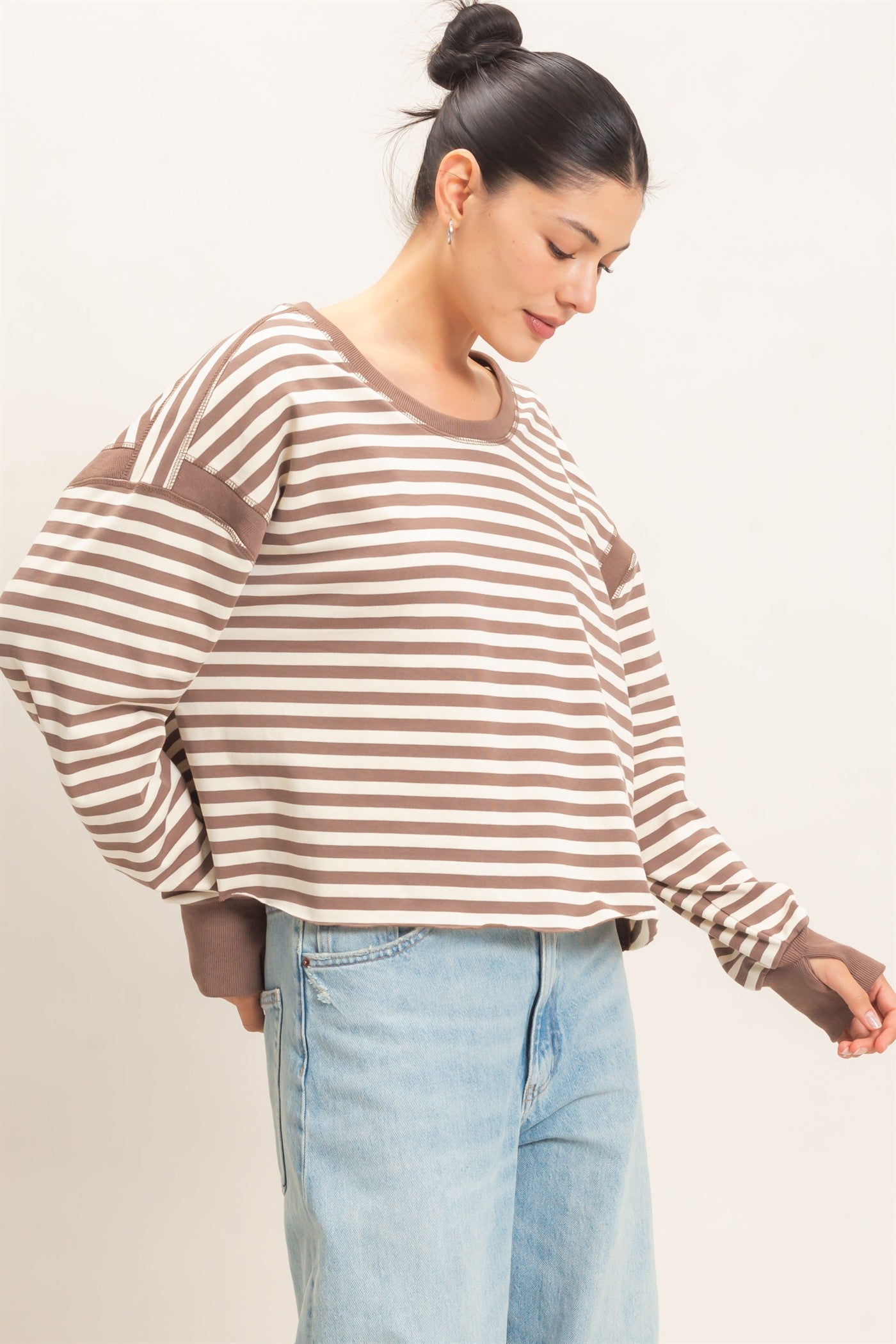 Wholesale Striped Long Sleeve Top Clothing Tops HF26C908-D MOCHA HYFVE