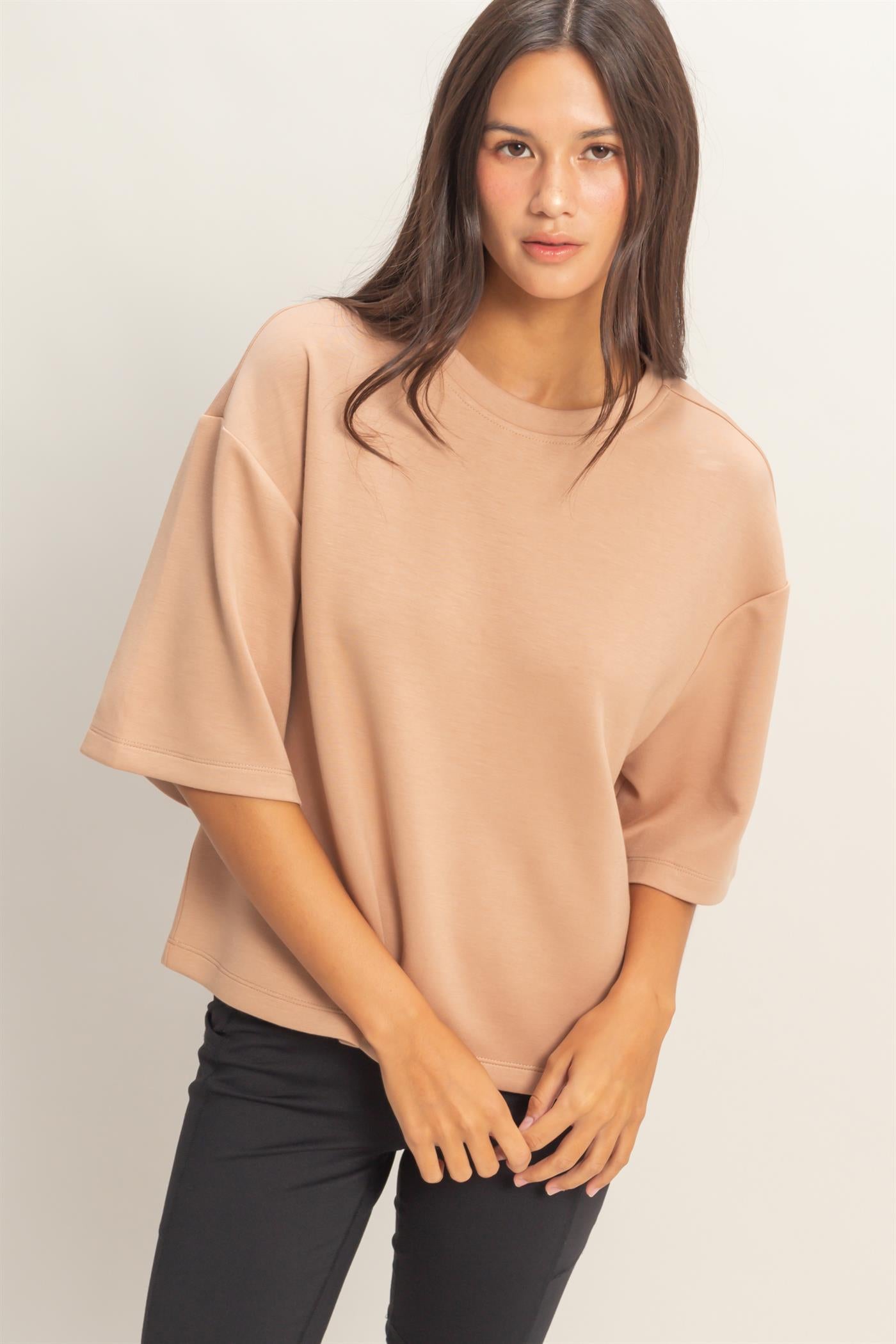 Wholesale Scuba Short Sleeve Boxy Top T-Shirts DZ26A271 DARK TAUPE DOUBLE ZERO