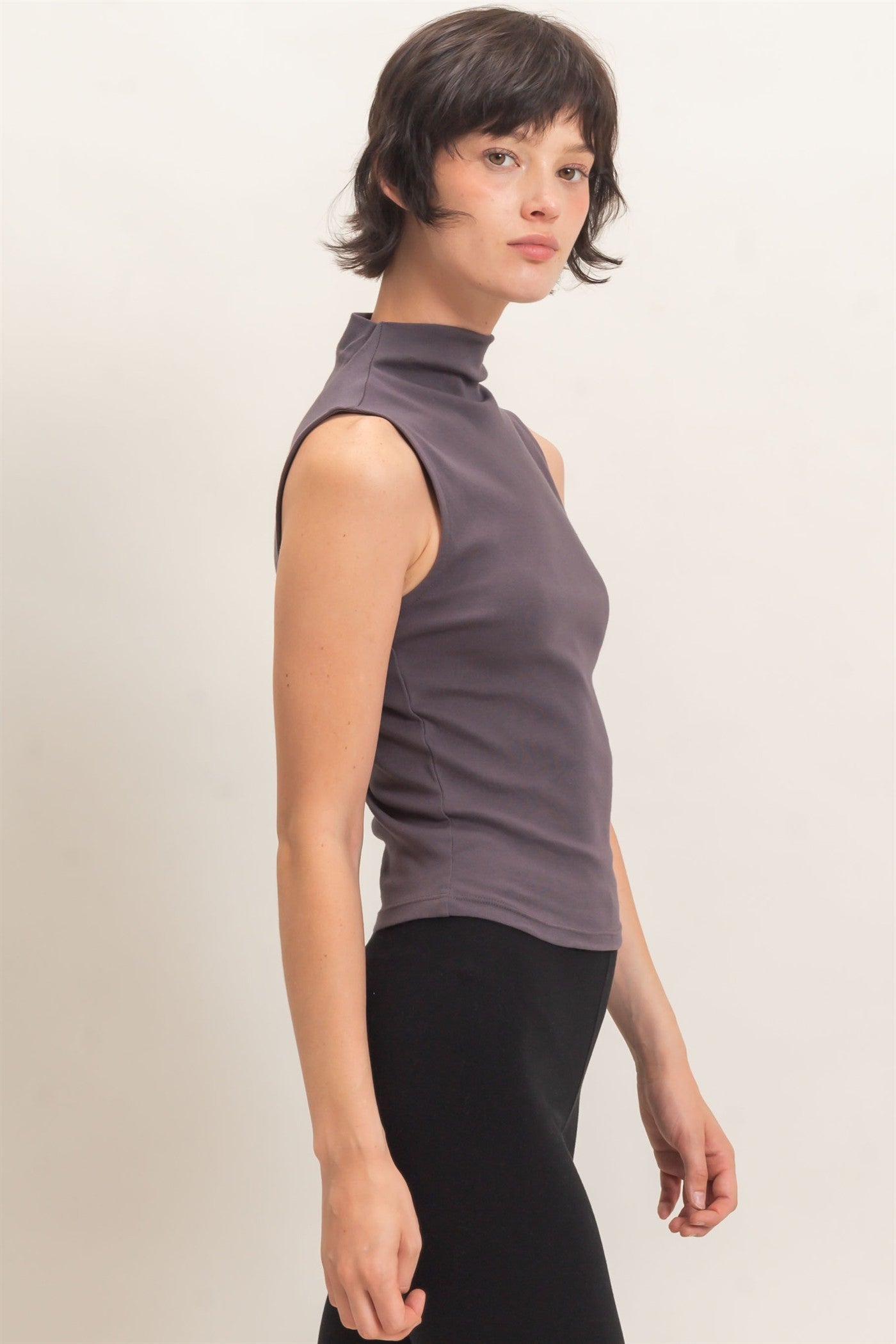 Wholesale Sleeveless Mock Neck Top Clothing Tops DZ26E397 CHARCOAL DOUBLE ZERO