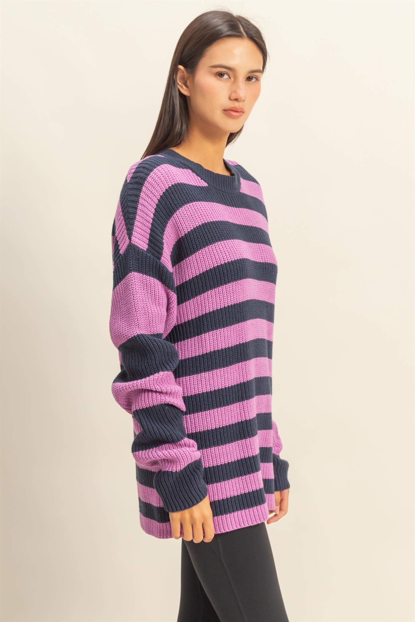 Wholesale Striped Long Sleeve Sweater Clothing Tops DZ23F071 NAVY / PURPLE DOUBLE ZERO