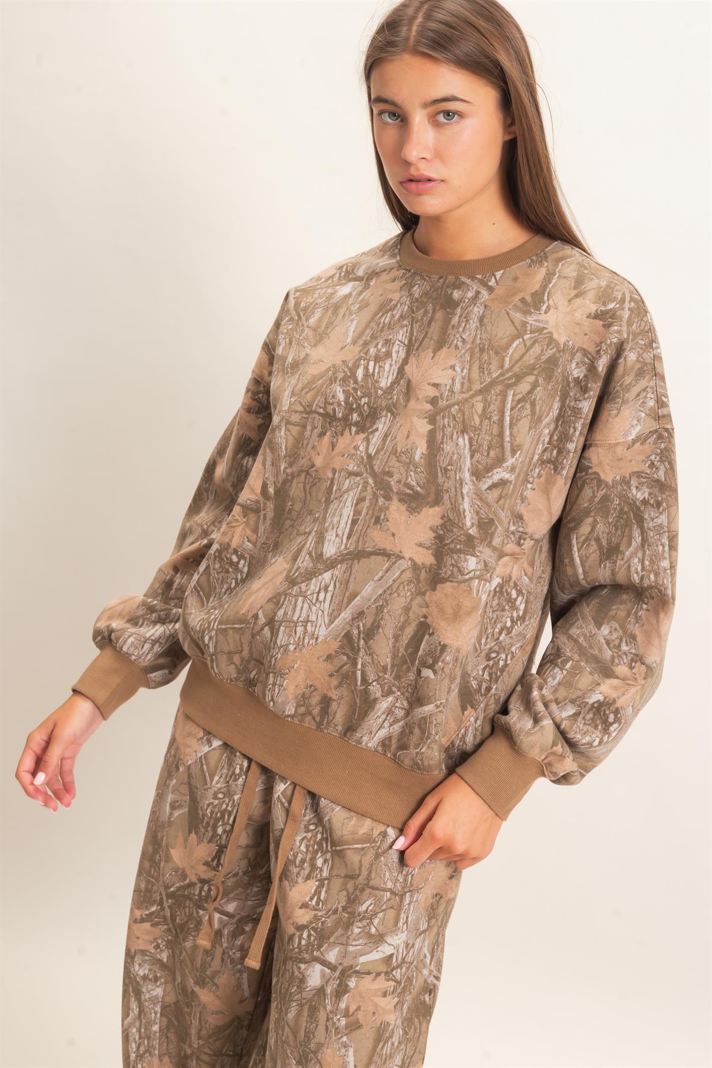 Wholesale Tree Camouflage Crew Neck Sweatshirt Sweatshirts DZ26E789 BROWN DOUBLE ZERO