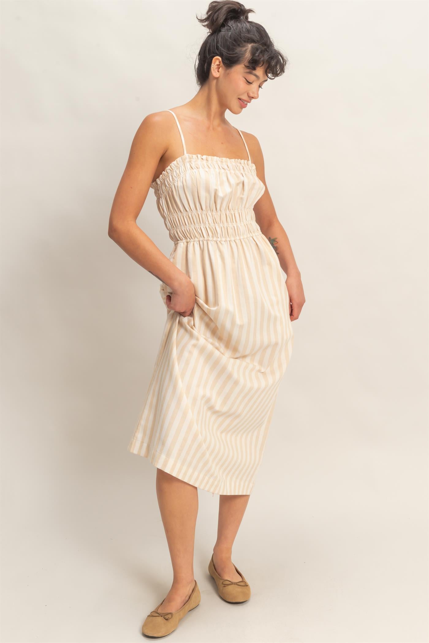Wholesale Striped Spaghetti Strap Smocking Midi Dress Dresses DZ26C191 TAUPE DOUBLE ZERO